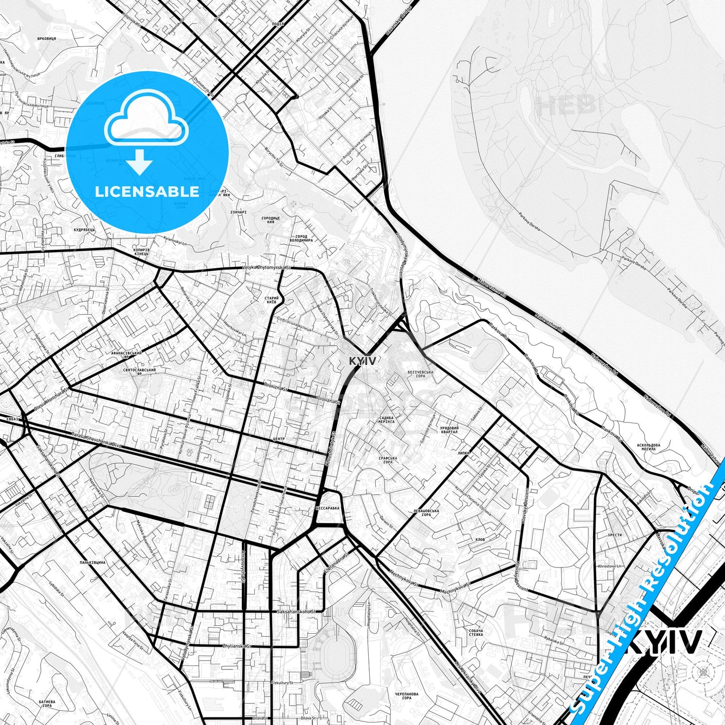 Kiev, Ukraine Light Map with Street Names, City Names, and Districts