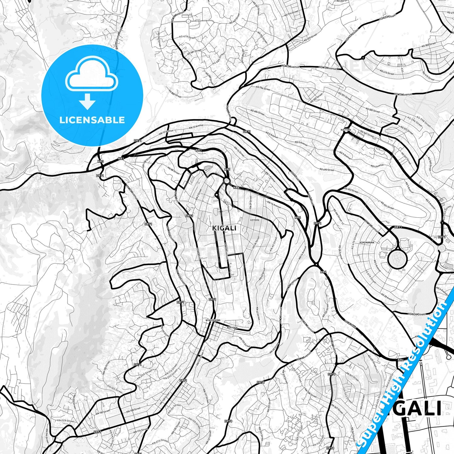 Kigali, Rwanda Light Map with Street Names, City Names, and Districts