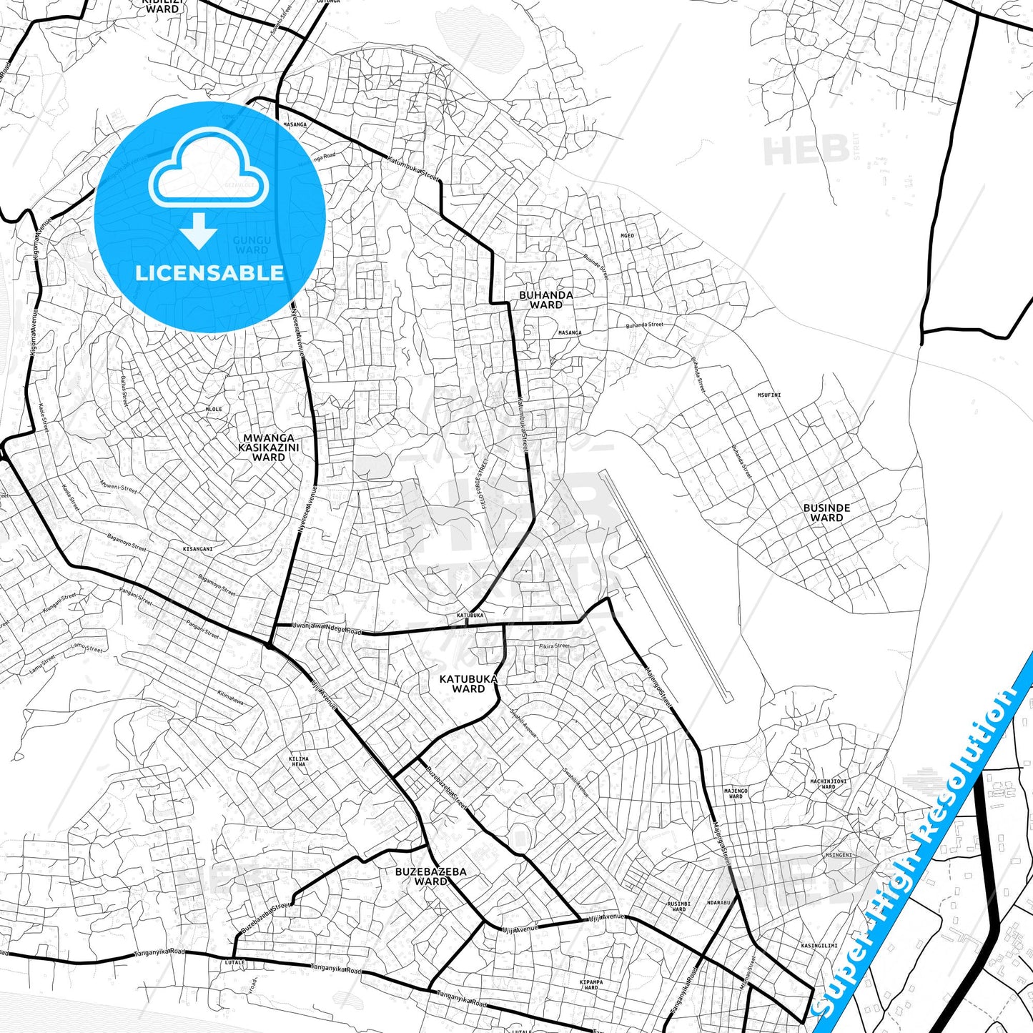 Kigoma, Tanzania Light Map with Street Names, City Names, and Districts