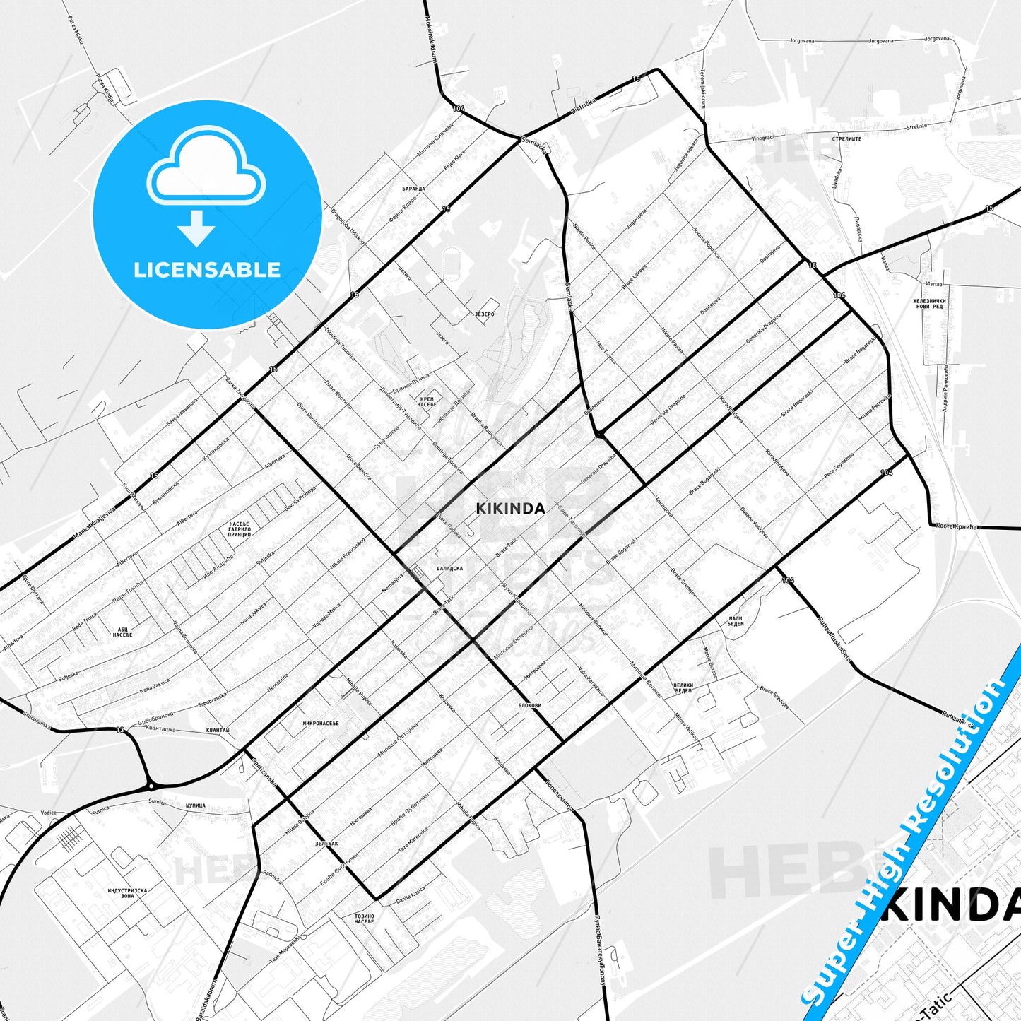 Kikinda, Serbia Light Map with Street Names, City Names, and Districts