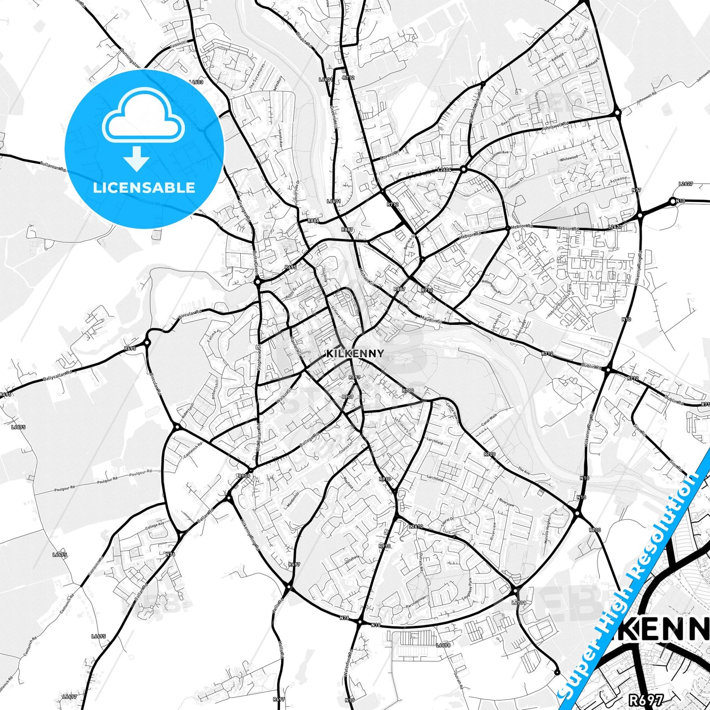 Kilkenny, Ireland Light Map with Street Names, City Names, and Districts
