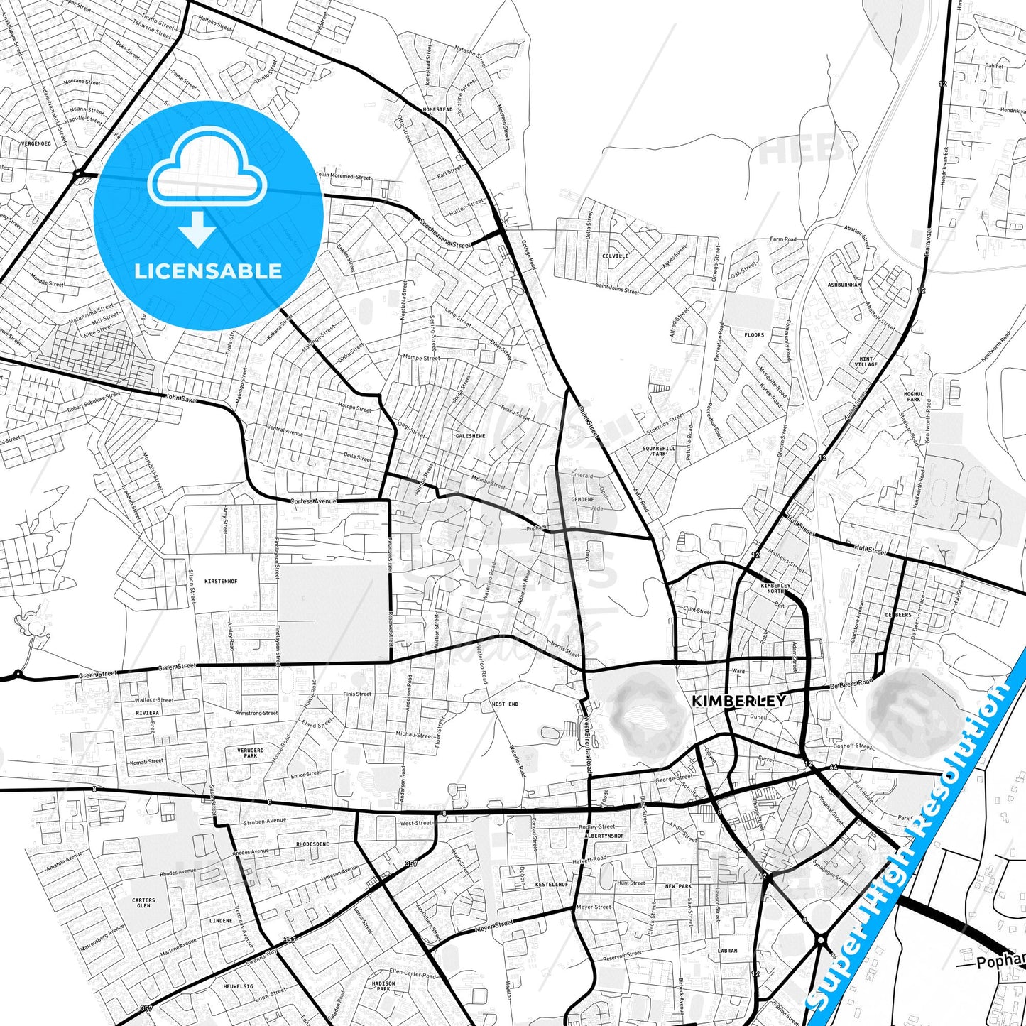 Kimberley, South Africa Light Map with Street Names, City Names, and Districts