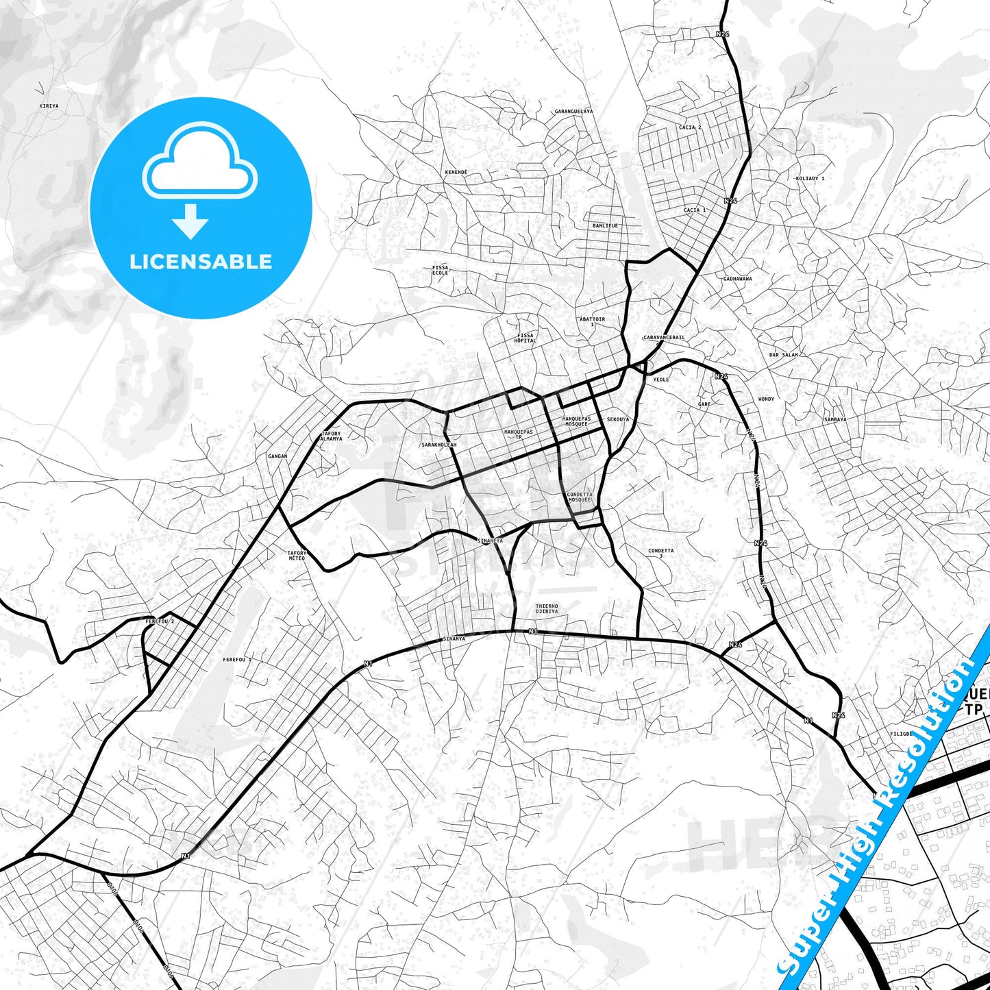 Kindia, Guinea Light Map with Street Names, City Names, and Districts