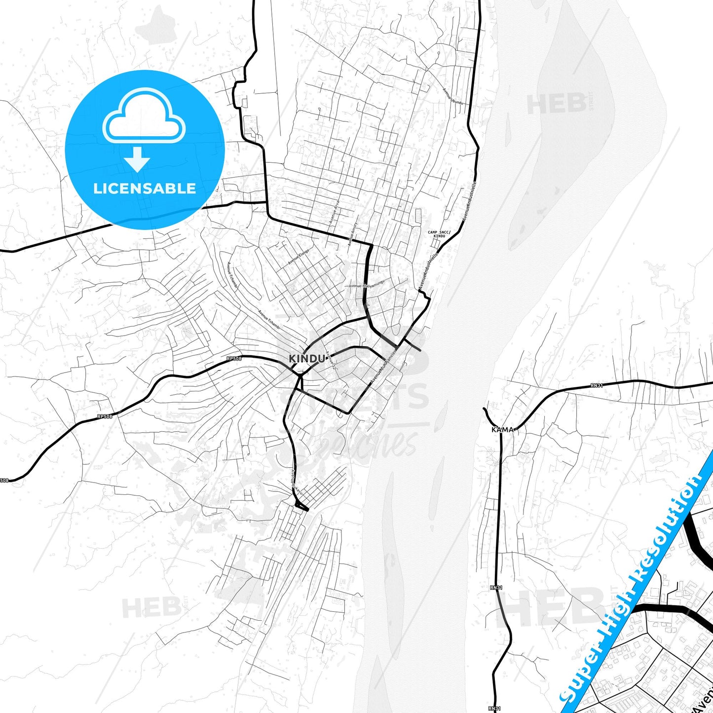 Kindu, DR Congo Light Map with Street Names, City Names, and Districts