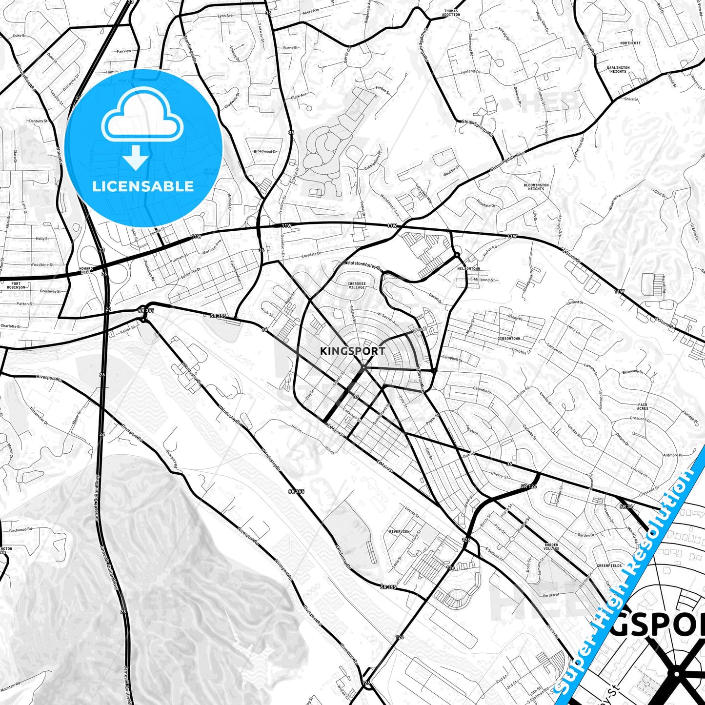 Kingsport, Tennessee Light Map with Street Names, City Names, and Districts