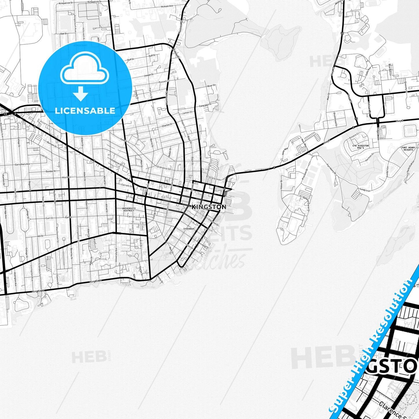 Kingston, Canada Light Map with Street Names, City Names, and Districts