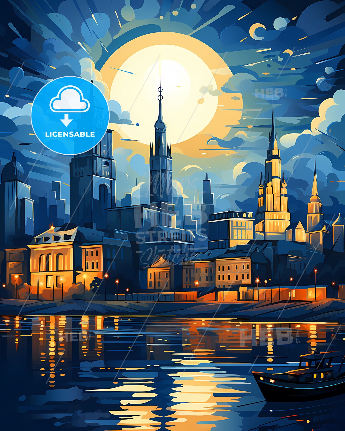 Vibrant Kinshasa Skyline Painting City Moon Boat Congo Art