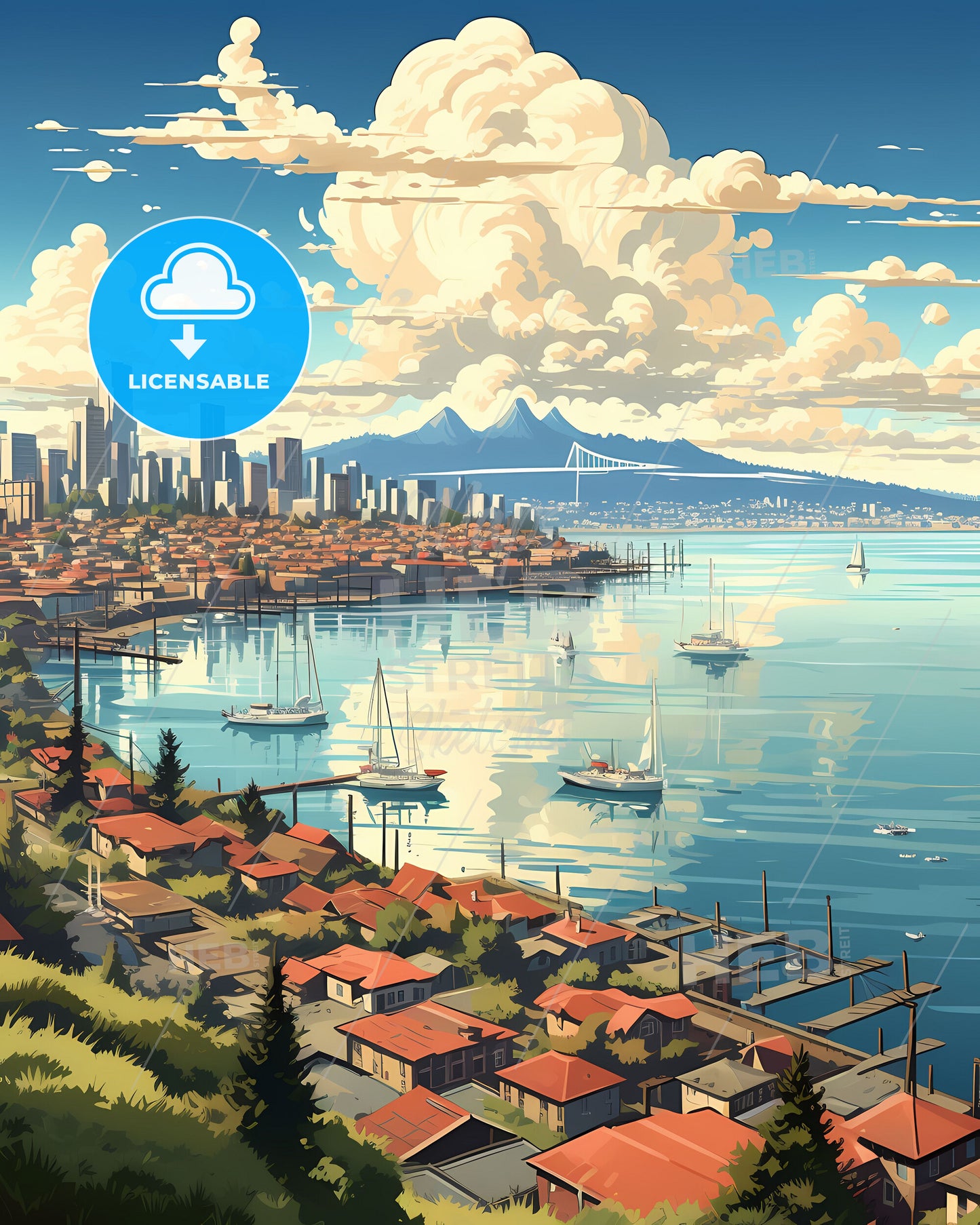 Vibrant City Skyline Painting: Kinshasa, DR Congo's Colorful Waterfront