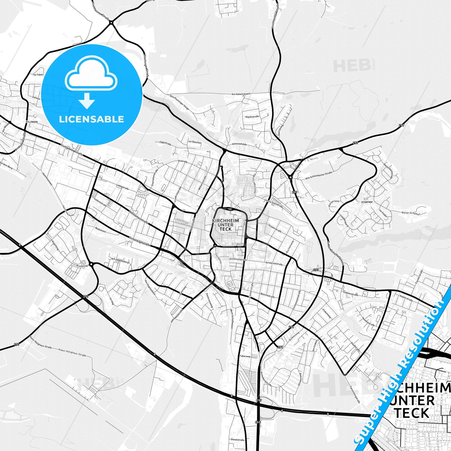 Kirchheim unter Teck, Germany Light Map with Street Names, City Names, and Districts