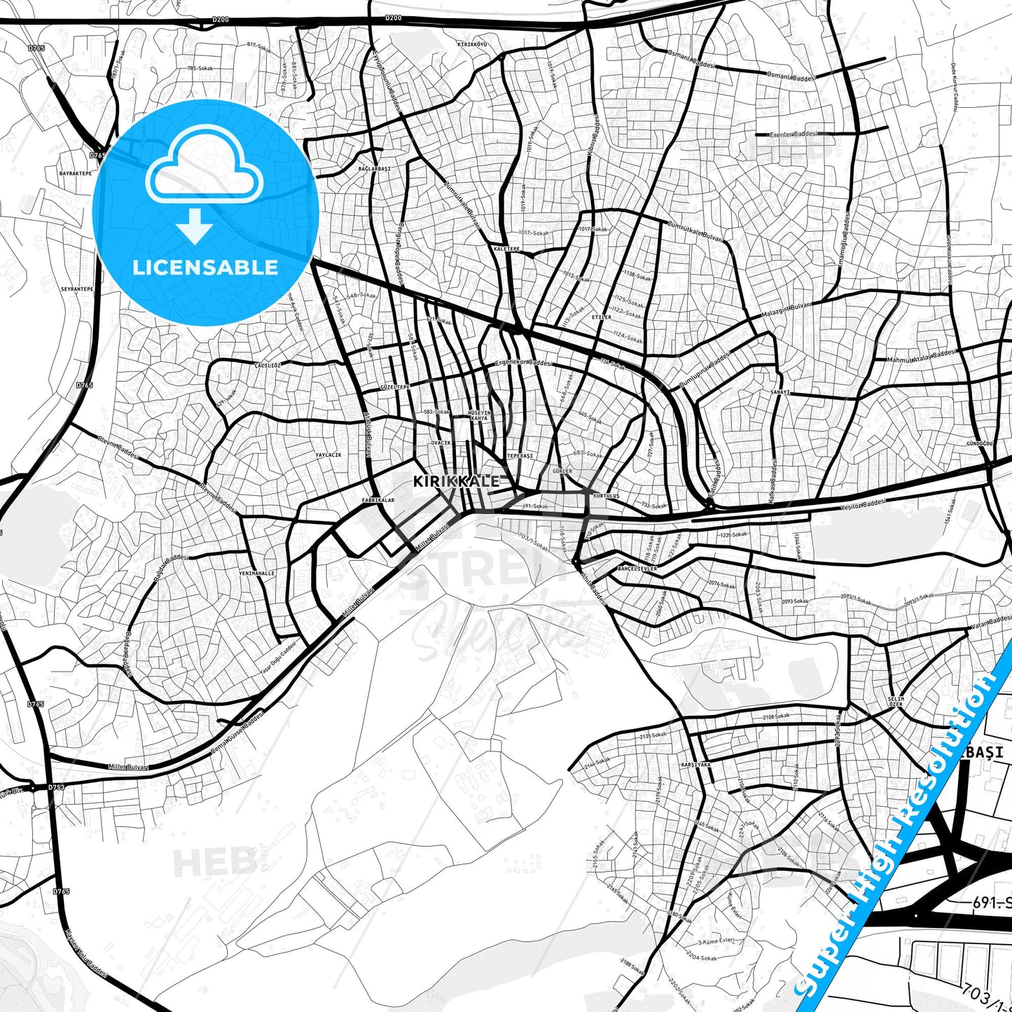 Kırıkkale, Turkey Light Map with Street Names, City Names, and Districts