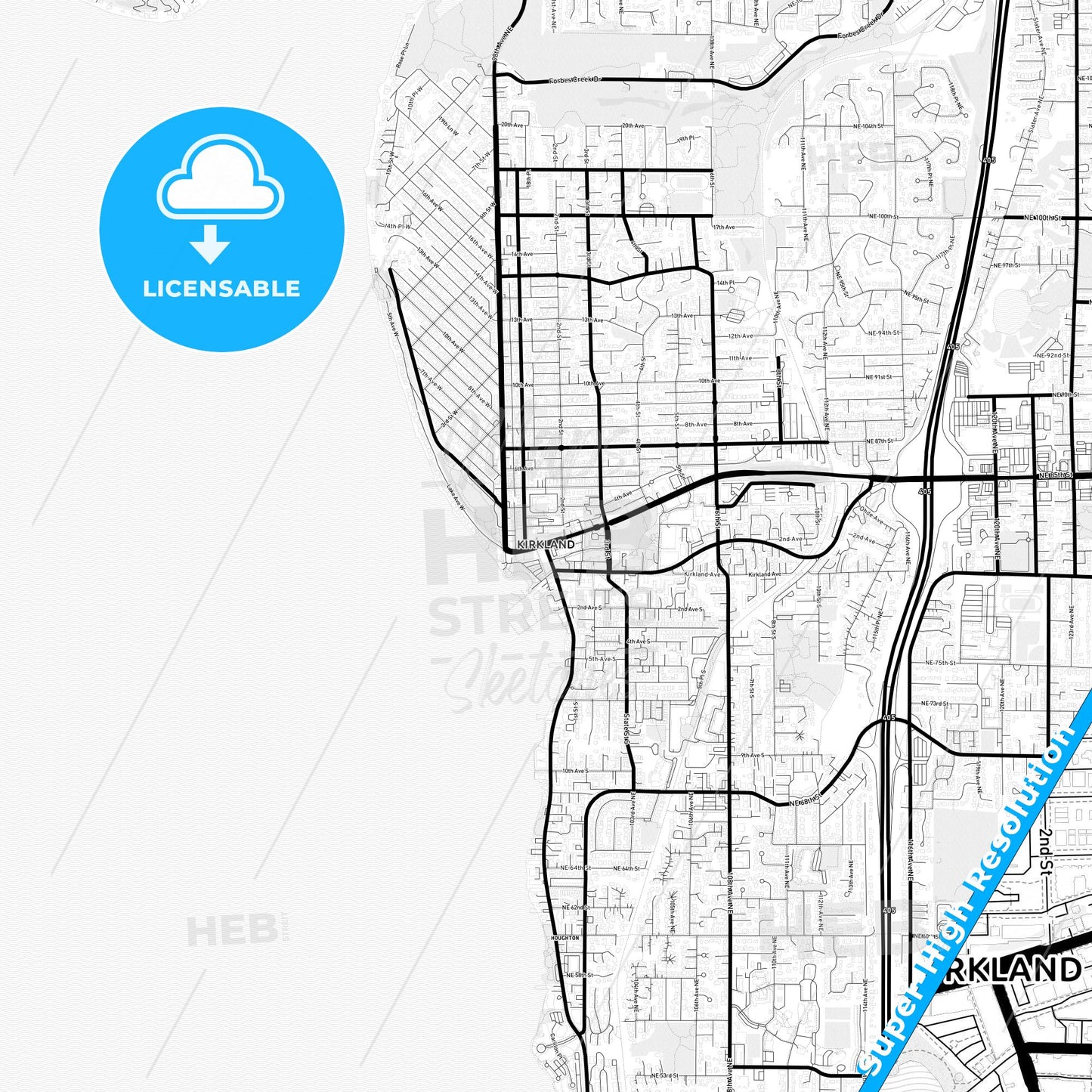 Kirkland, Washington Light Map with Street Names, City Names, and Districts