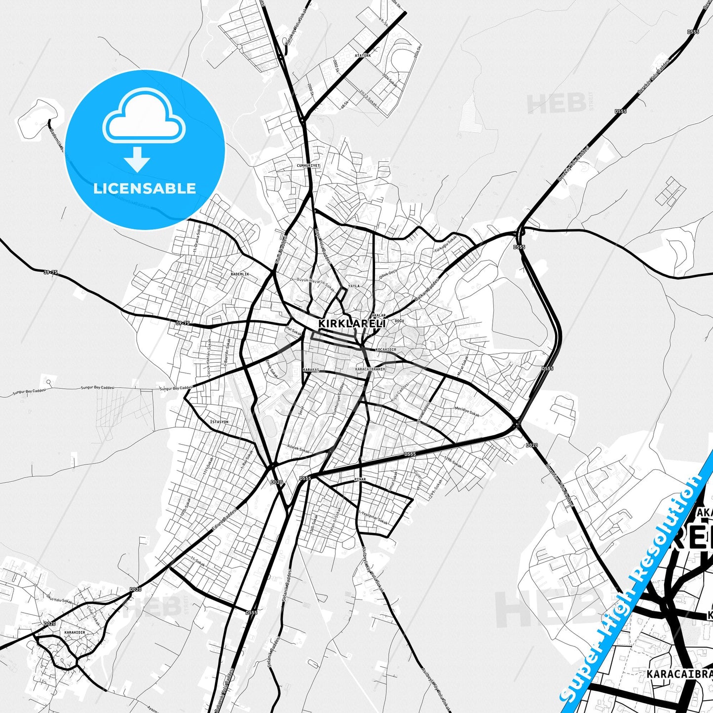 Kırklareli, Turkey Light Map with Street Names, City Names, and Districts