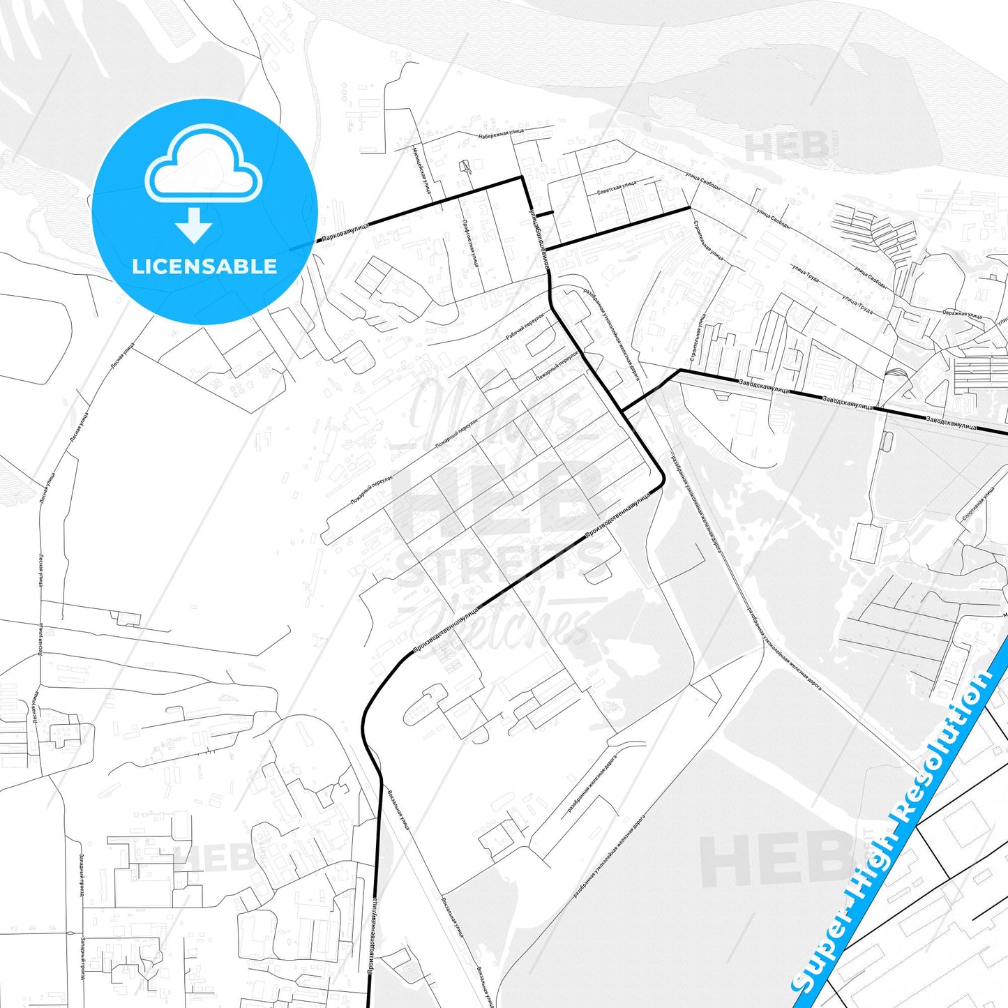 Kirovo-Chepetsk, Russia Light Map with Street Names, City Names, and Districts
