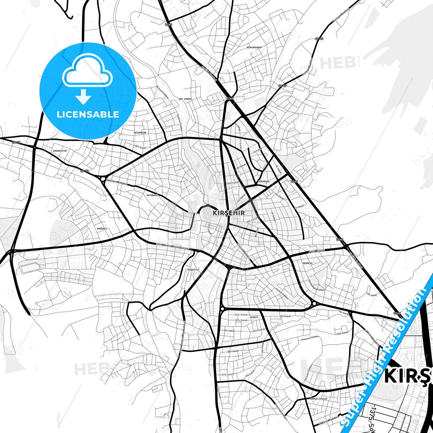 Kırşehir, Turkey Light Map with Street Names, City Names, and Districts