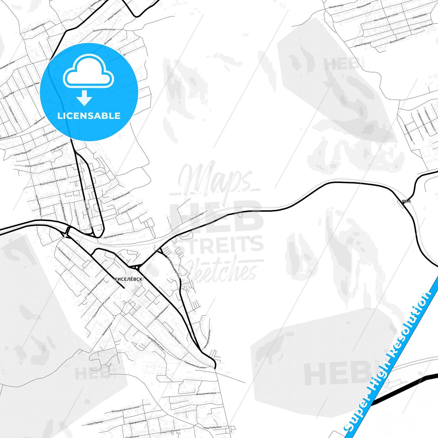 Kiselyovsk, Russia Light Map with Street Names, City Names, and Districts