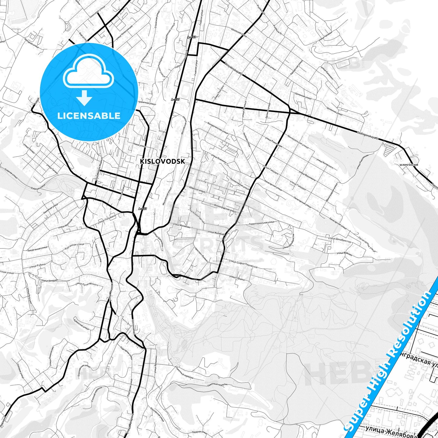Kislovodsk, Russia Light Map with Street Names, City Names, and Districts