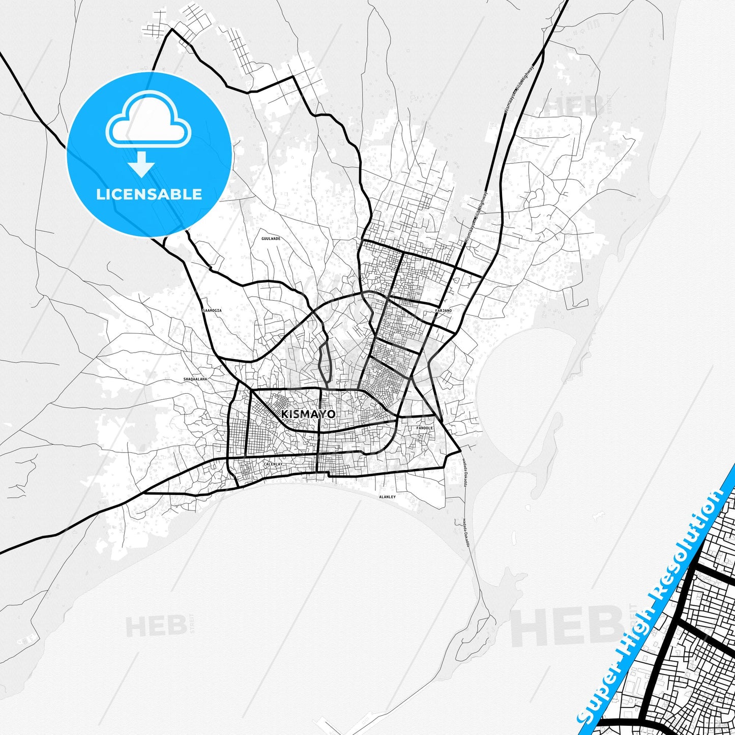 Kismayo, Somalia Light Map with Street Names, City Names, and Districts