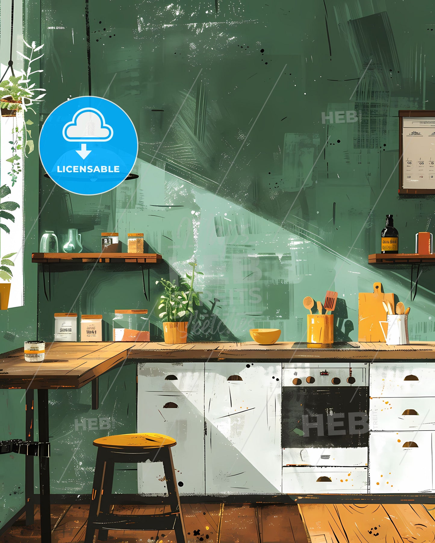 Abstract Art Painting, Multi-Color Lines, Advanced Color Match, Green Background, Kitchen, Table, Stools