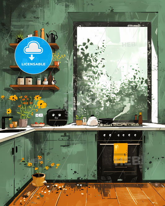 Modern Art Abstract Painting Illustration with Vibrant Multi-color Lines and Green Background Featuring Kitchen Scene 18k