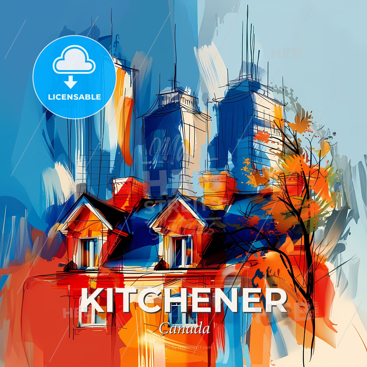 Vibrant Kitchener, Canada - A Painting Of A Building With A Tree And Buildings In The Background - Square format print template