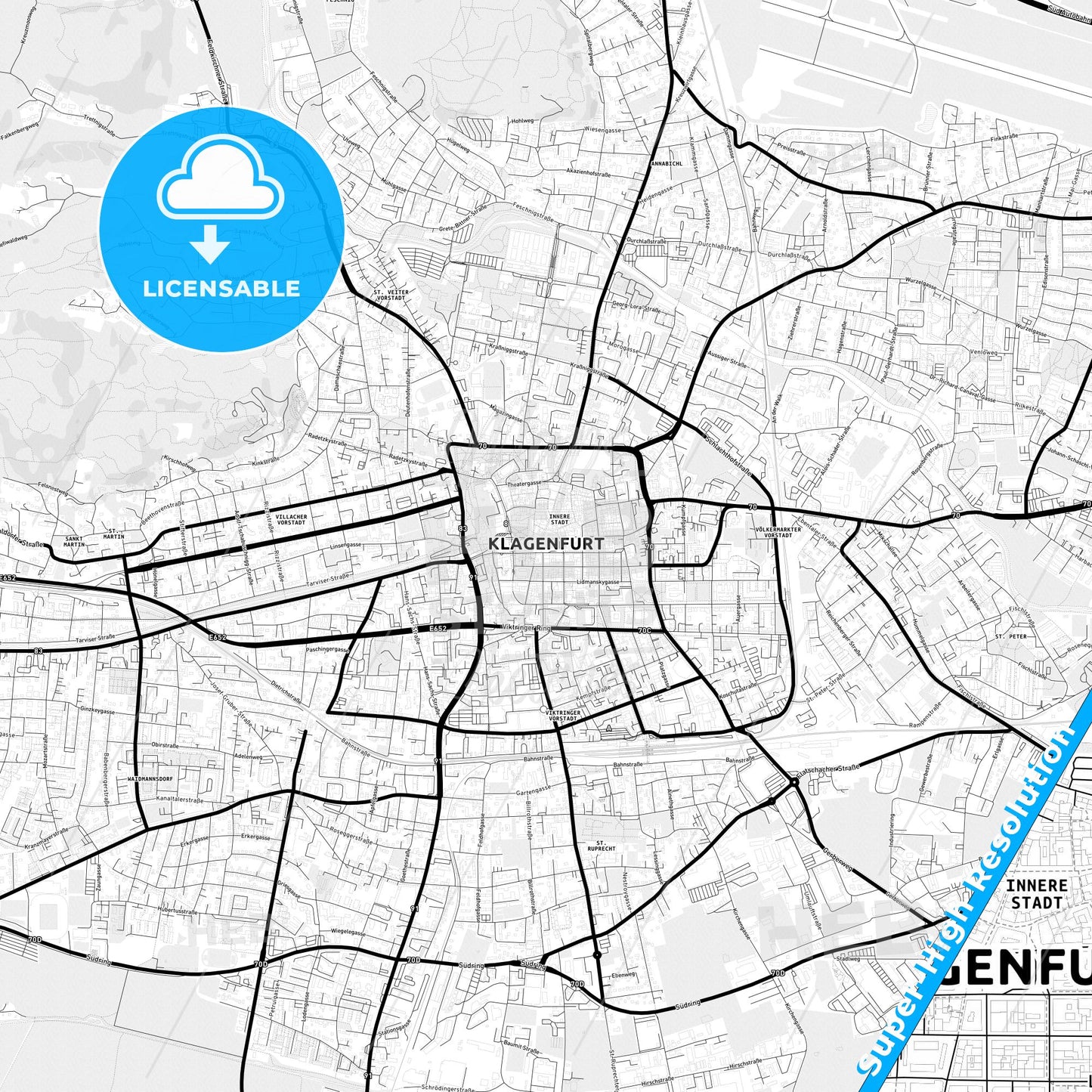 Klagenfurt, Austria Light Map with Street Names, City Names, and Districts