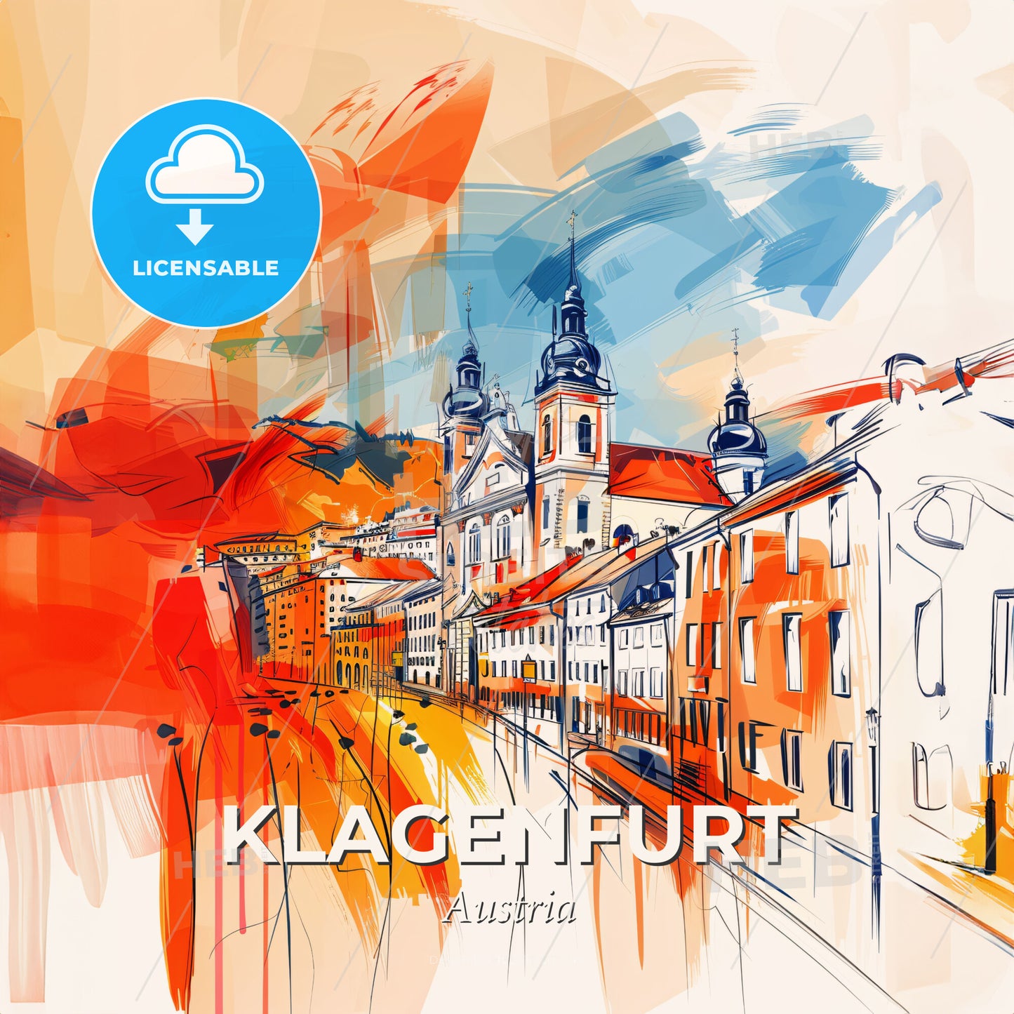 Vibrant Klagenfurt, Austria - A Drawing Of A City - Square format print template