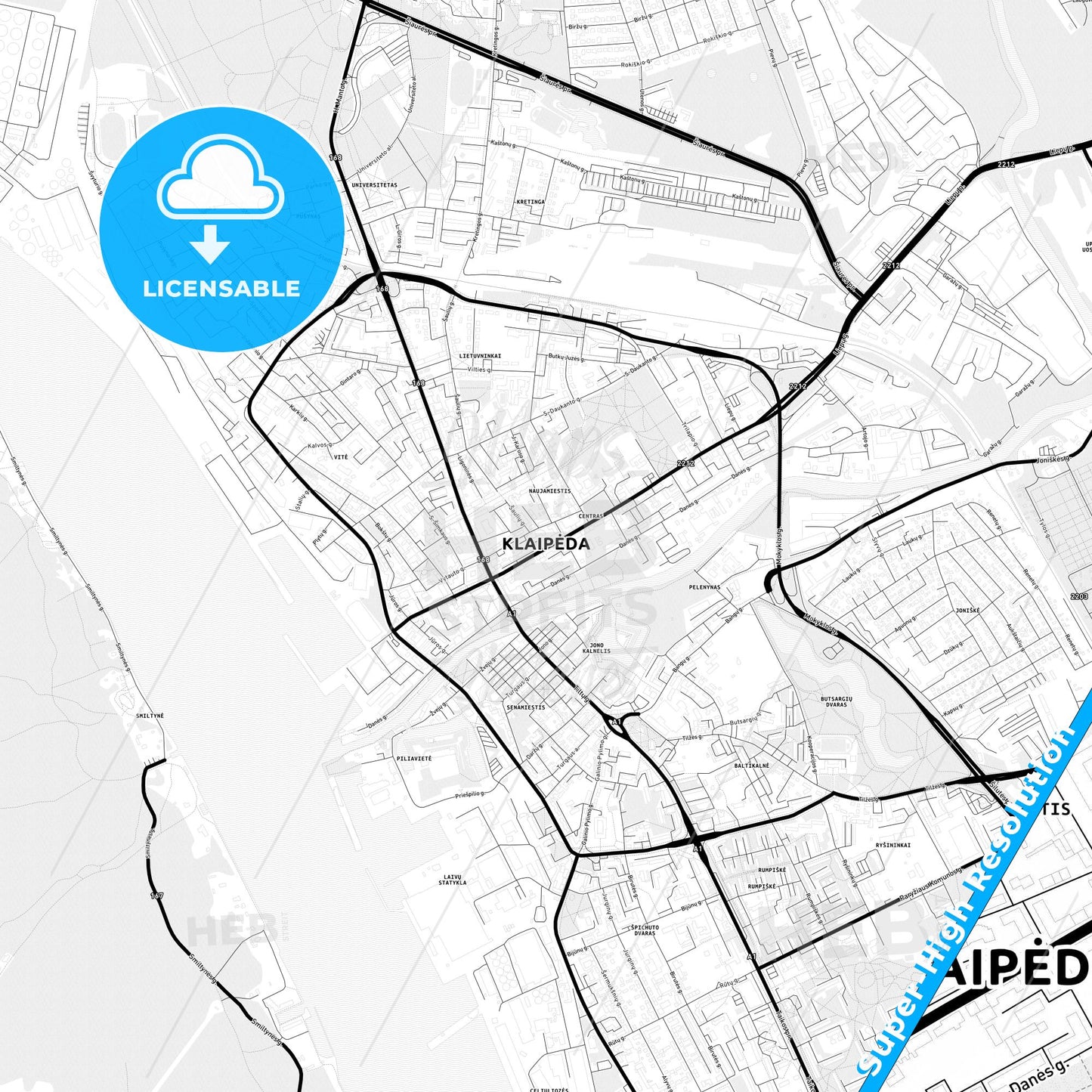 Klaipėda, Lithuania Light Map with Street Names, City Names, and Districts