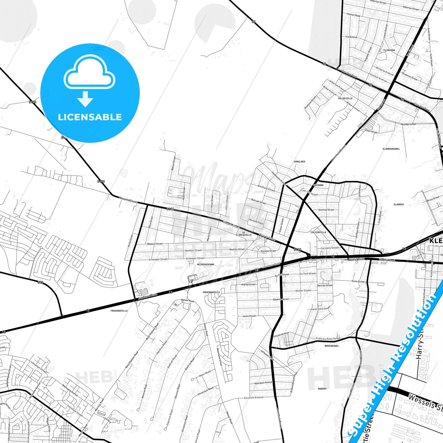 Klerksdorp, South Africa Light Map with Street Names, City Names, and Districts