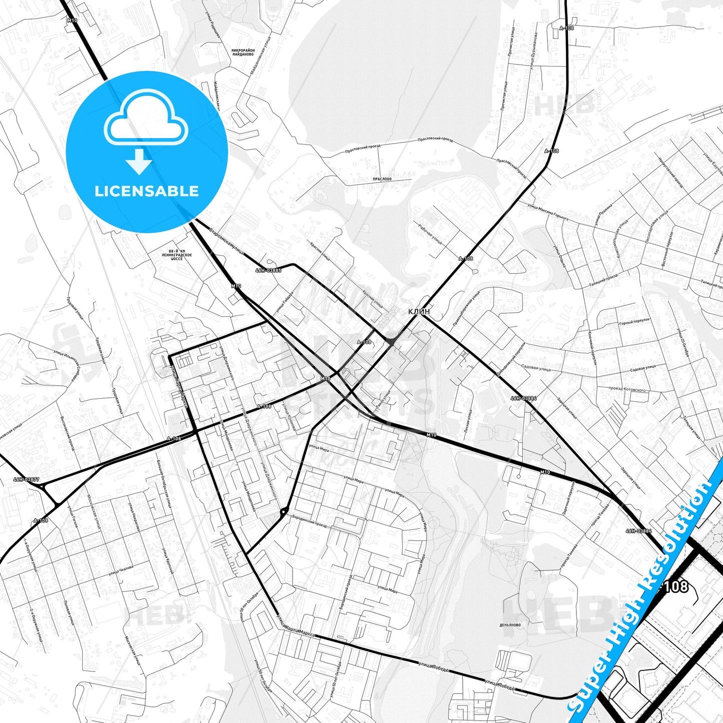 Klin, Russia Light Map with Street Names, City Names, and Districts