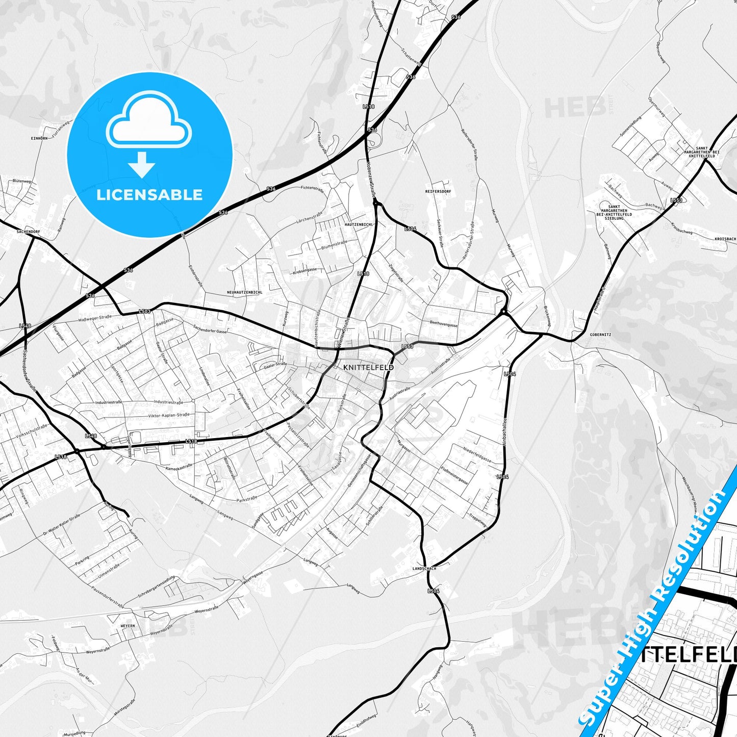 Knittelfeld, Austria Light Map with Street Names, City Names, and Districts