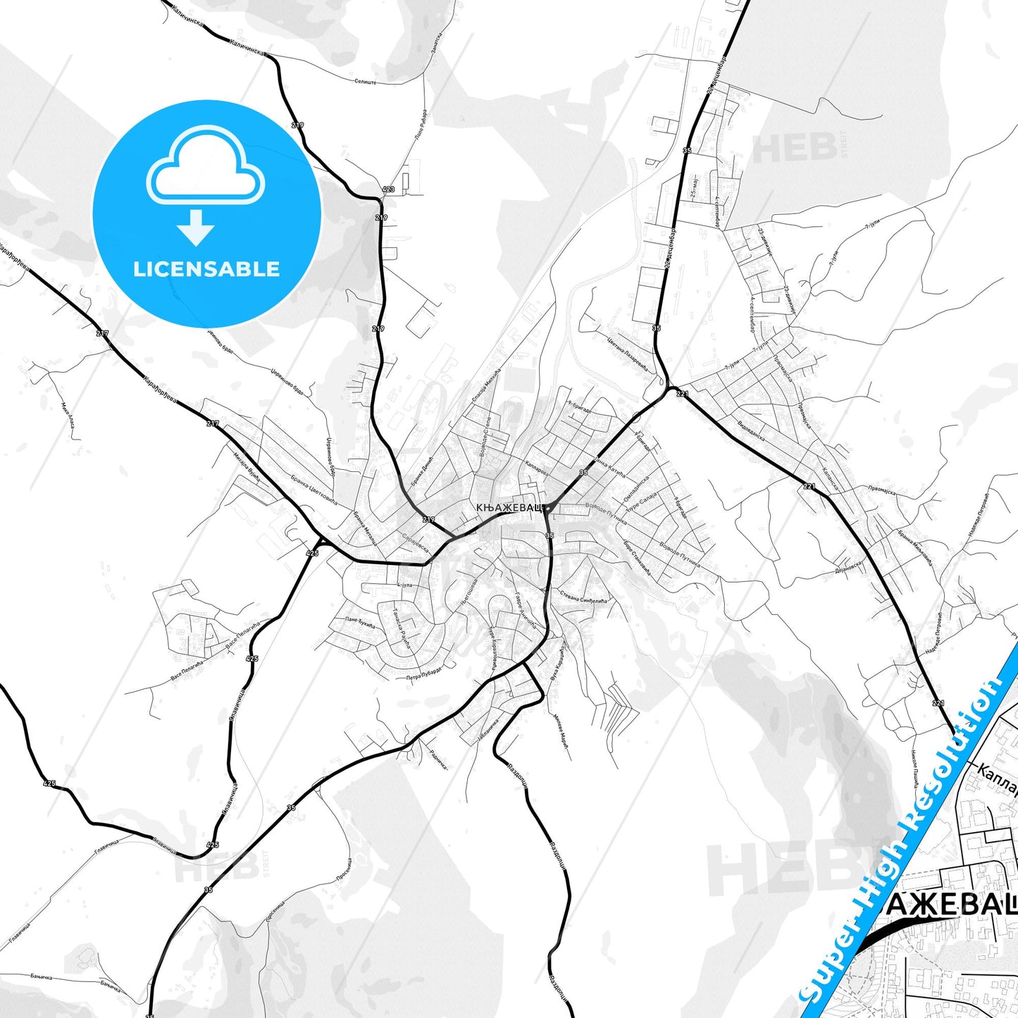 Knjaževac, Serbia Light Map with Street Names, City Names, and Districts