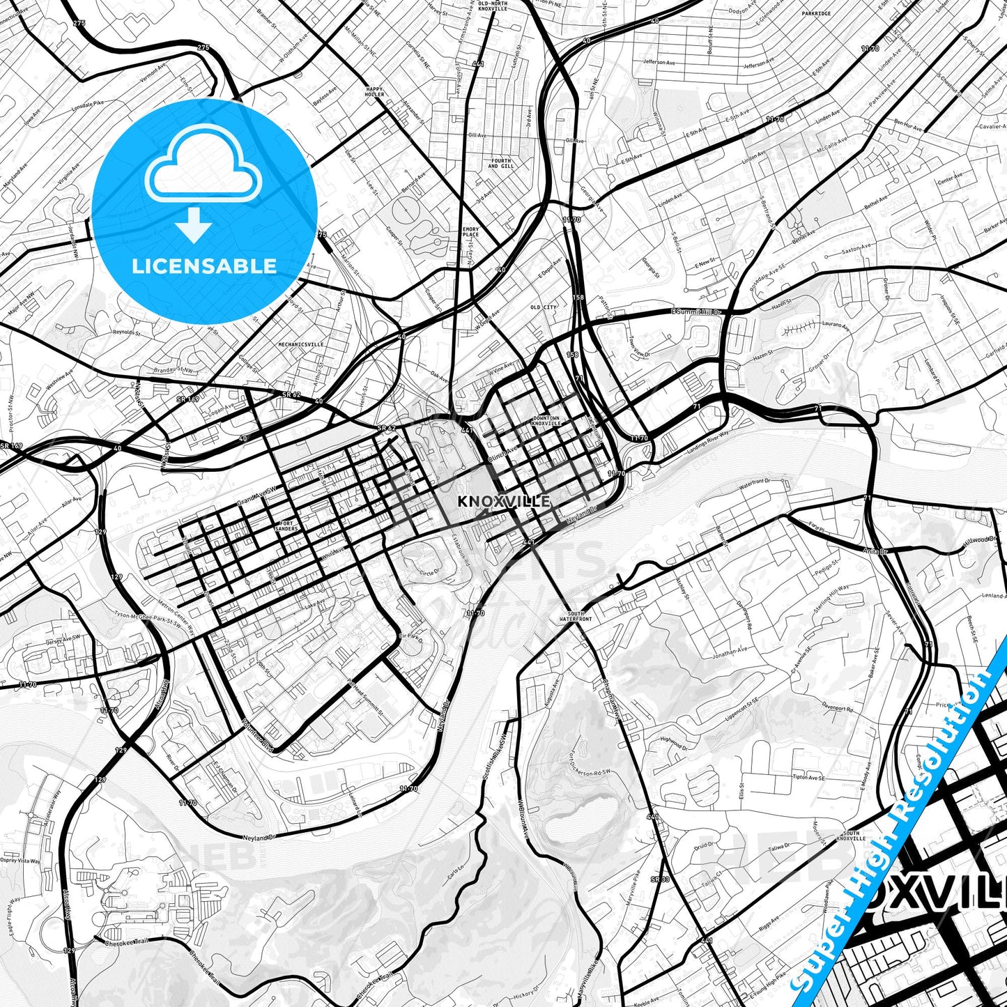 Knoxville, Tennessee Light Map with Street Names, City Names, and Districts