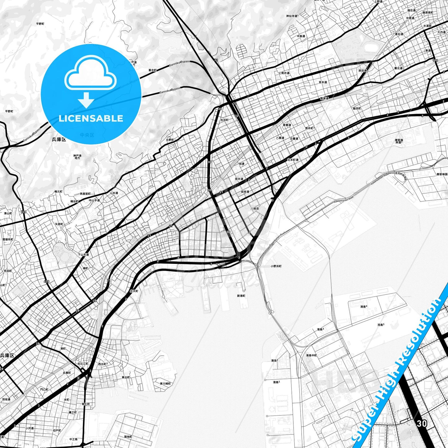 Kobe, Japan Light Map with Street Names, City Names, and Districts