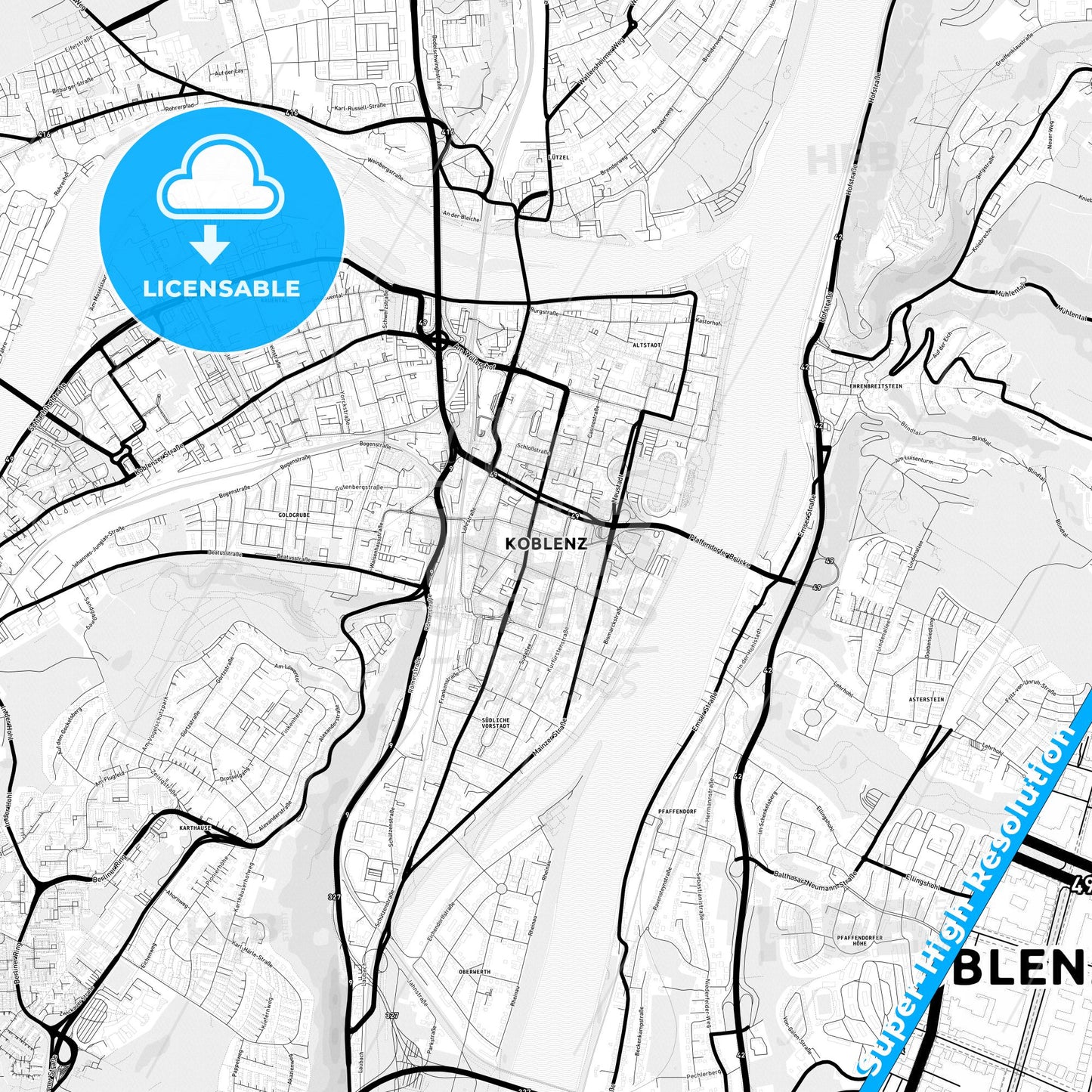 Koblenz, Germany Light Map with Street Names, City Names, and Districts