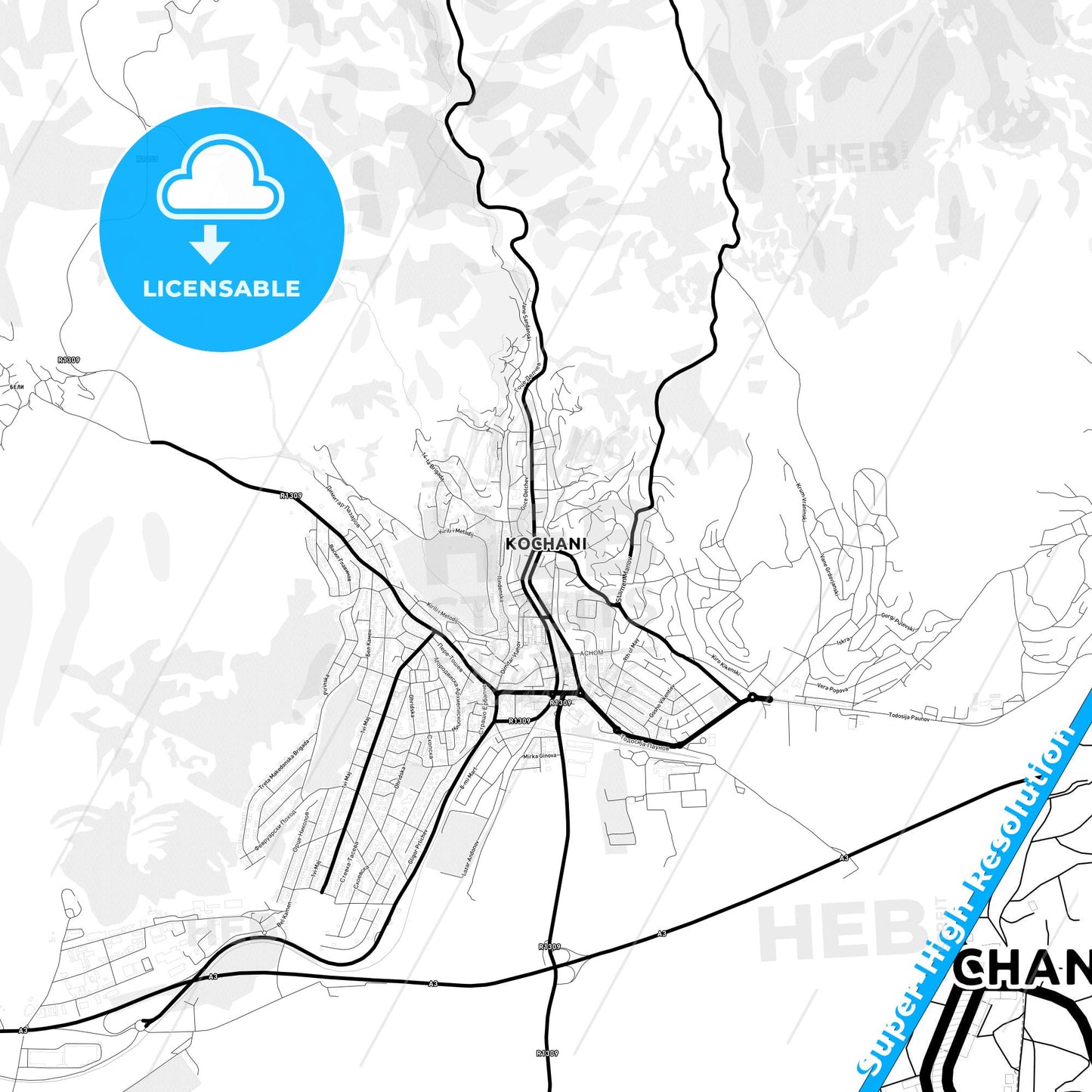 Kočani, North Macedonia Light Map with Street Names, City Names, and Districts