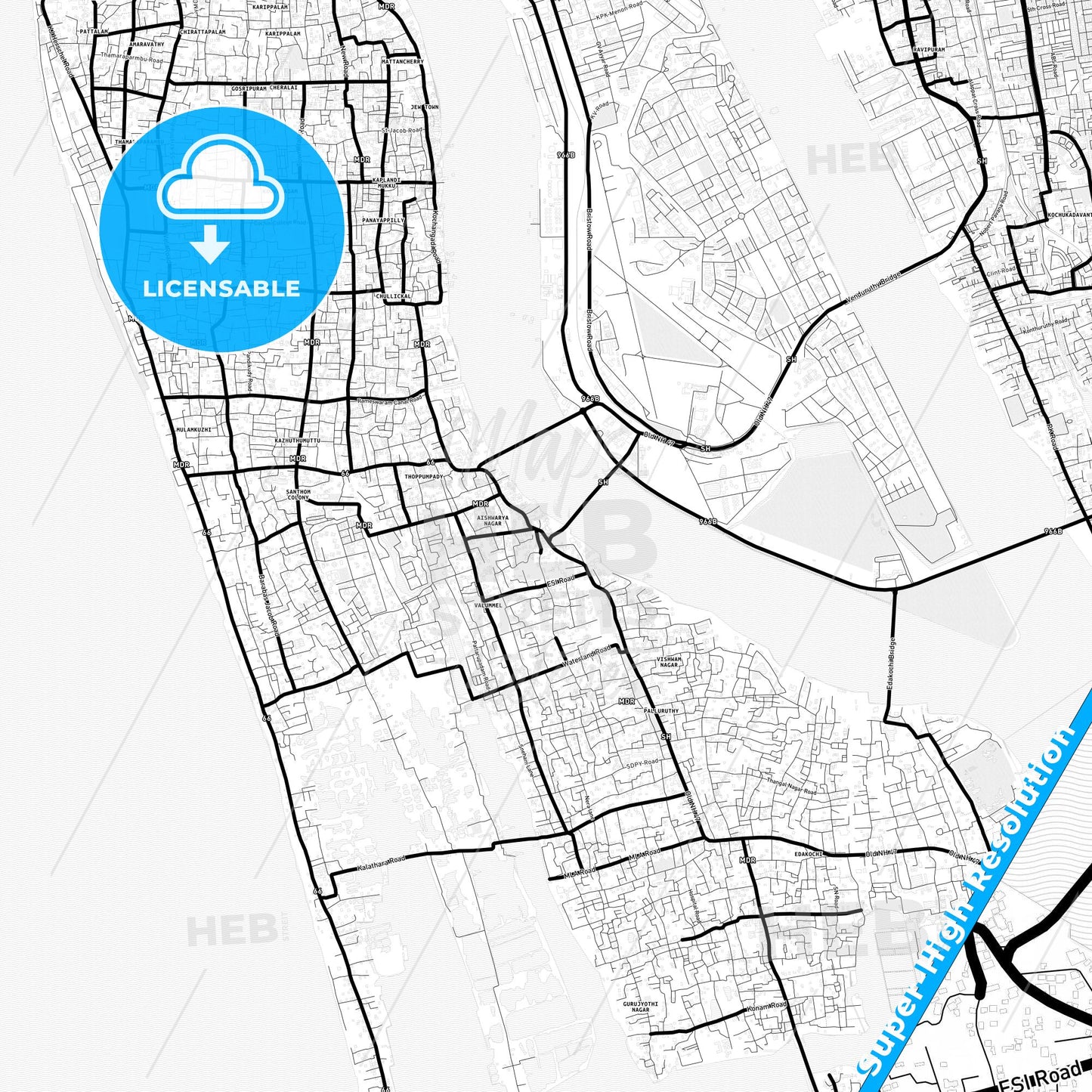 Kochi, India Light Map with Street Names, City Names, and Districts