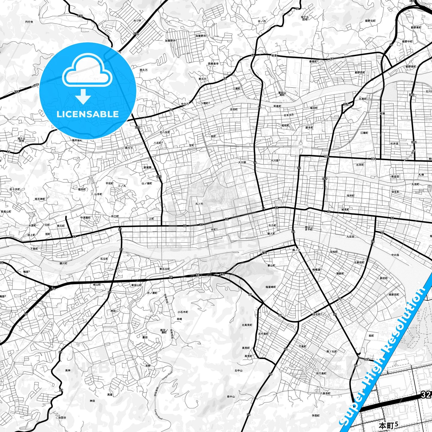 Kōchi, Japan Light Map with Street Names, City Names, and Districts