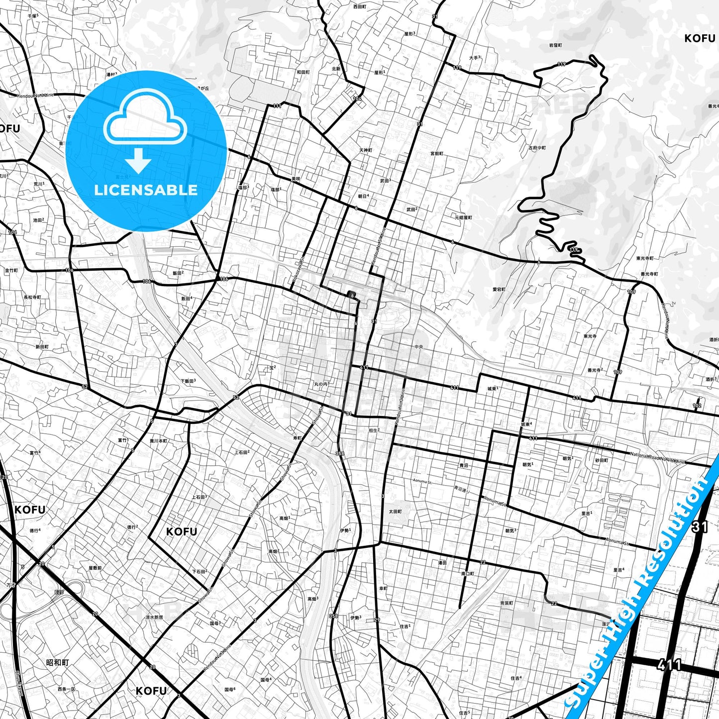 Kōfu, Japan Light Map with Street Names, City Names, and Districts