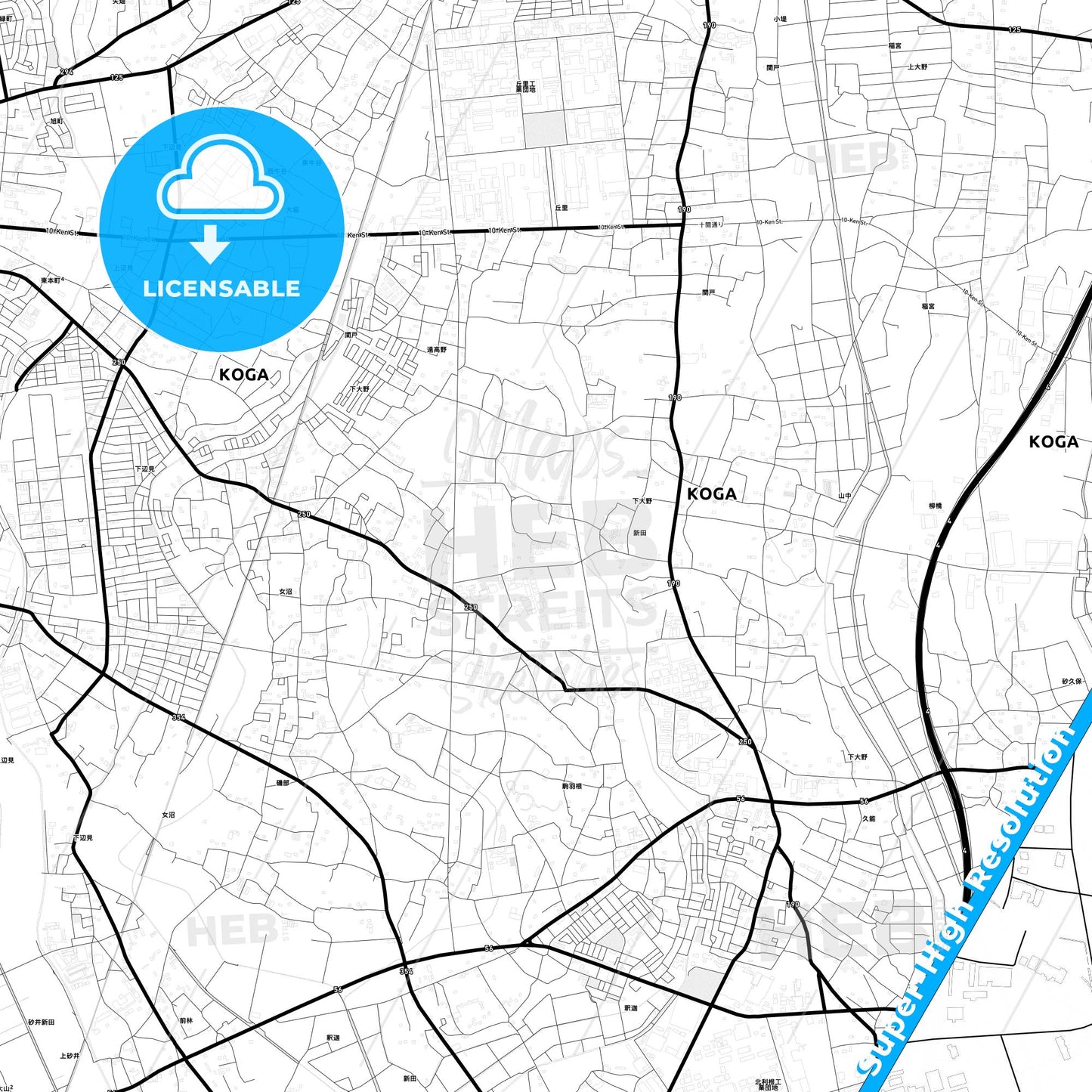 Koga, Japan Light Map with Street Names, City Names, and Districts