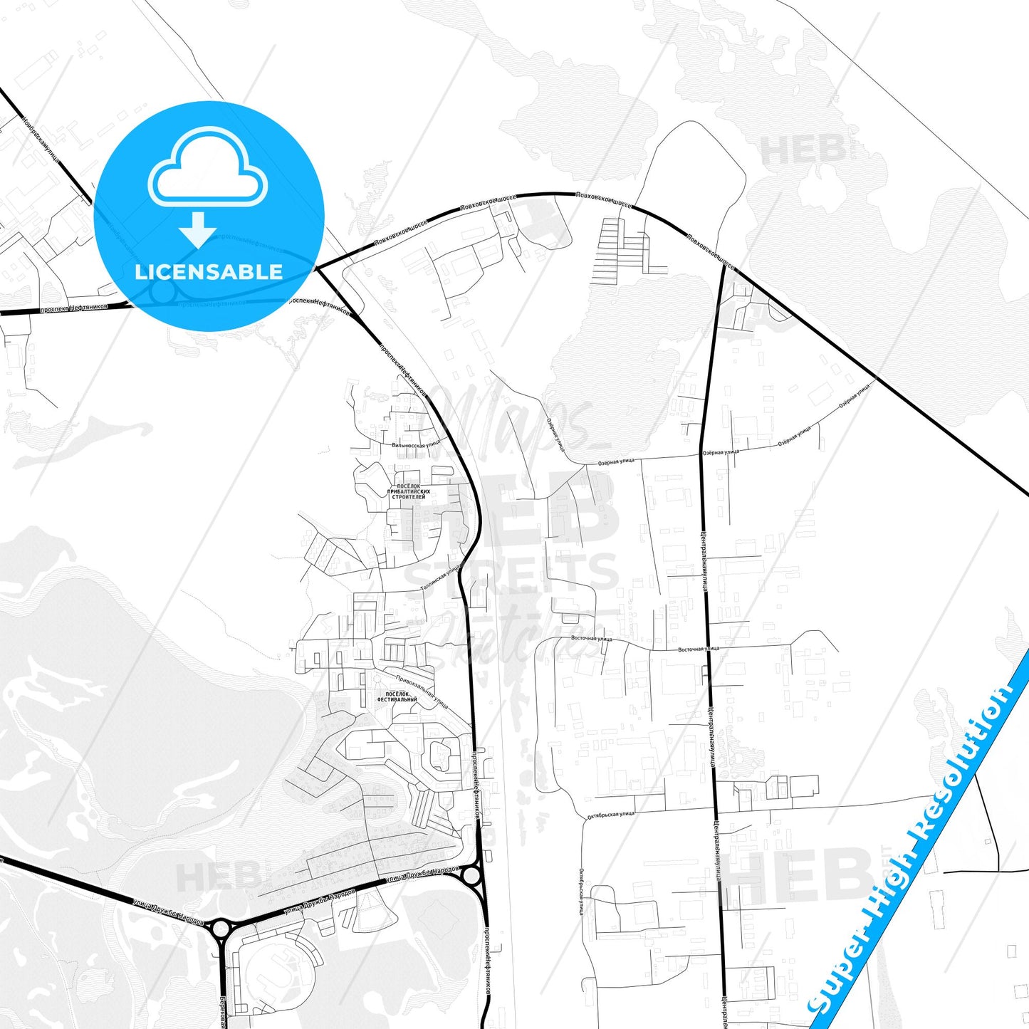 Kogalym, Russia Light Map with Street Names, City Names, and Districts