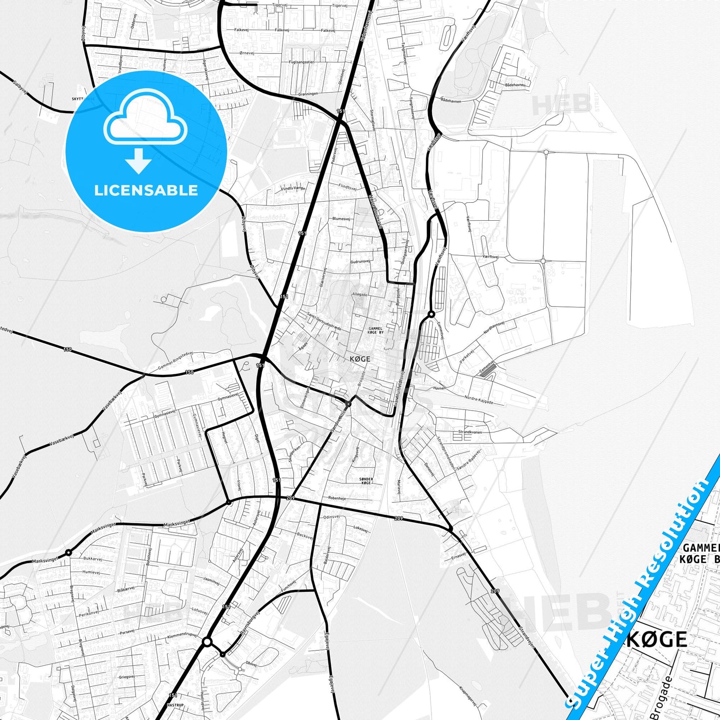 Køge, Denmark Light Map with Street Names, City Names, and Districts