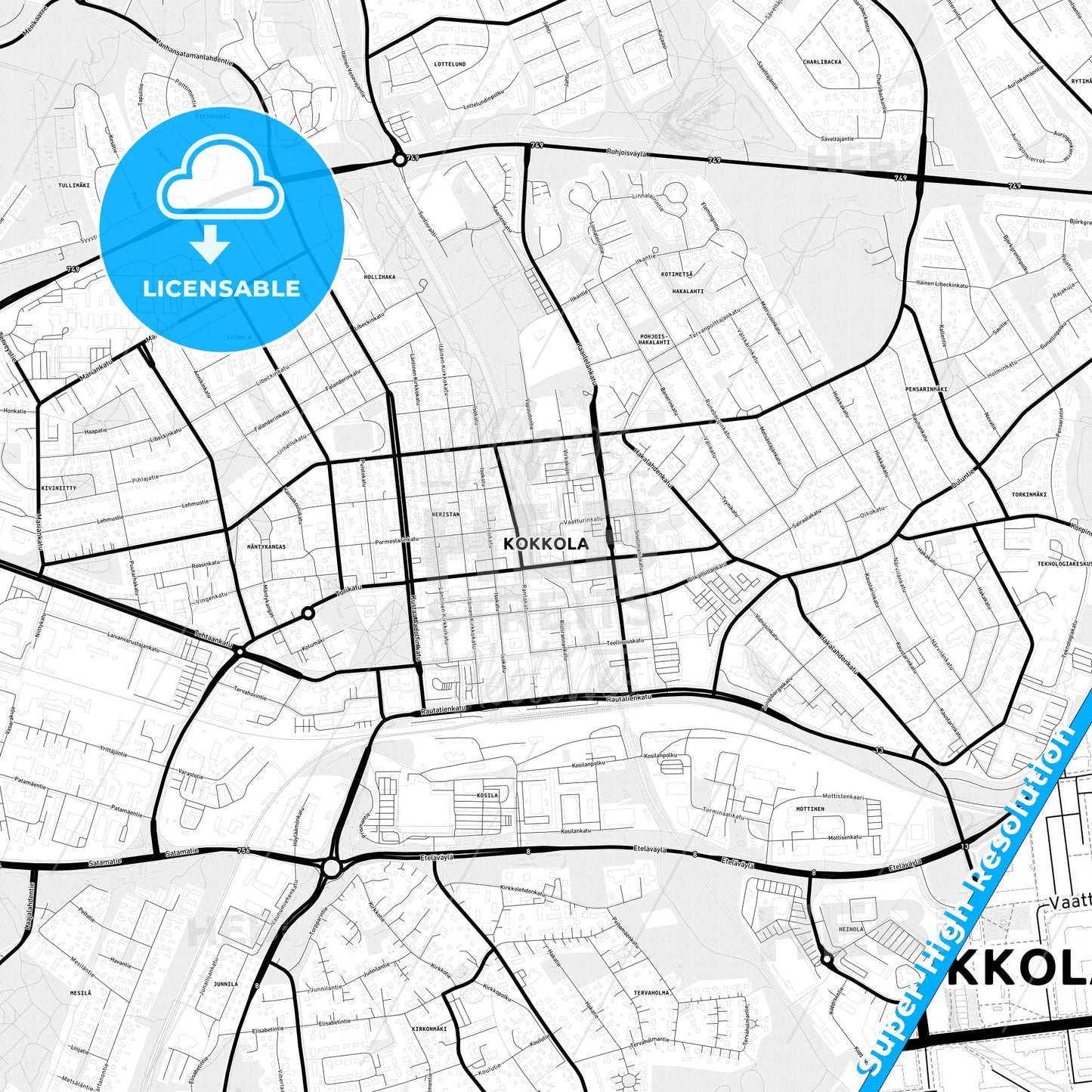 Kokkola, Finland Light Map with Street Names, City Names, and Districts