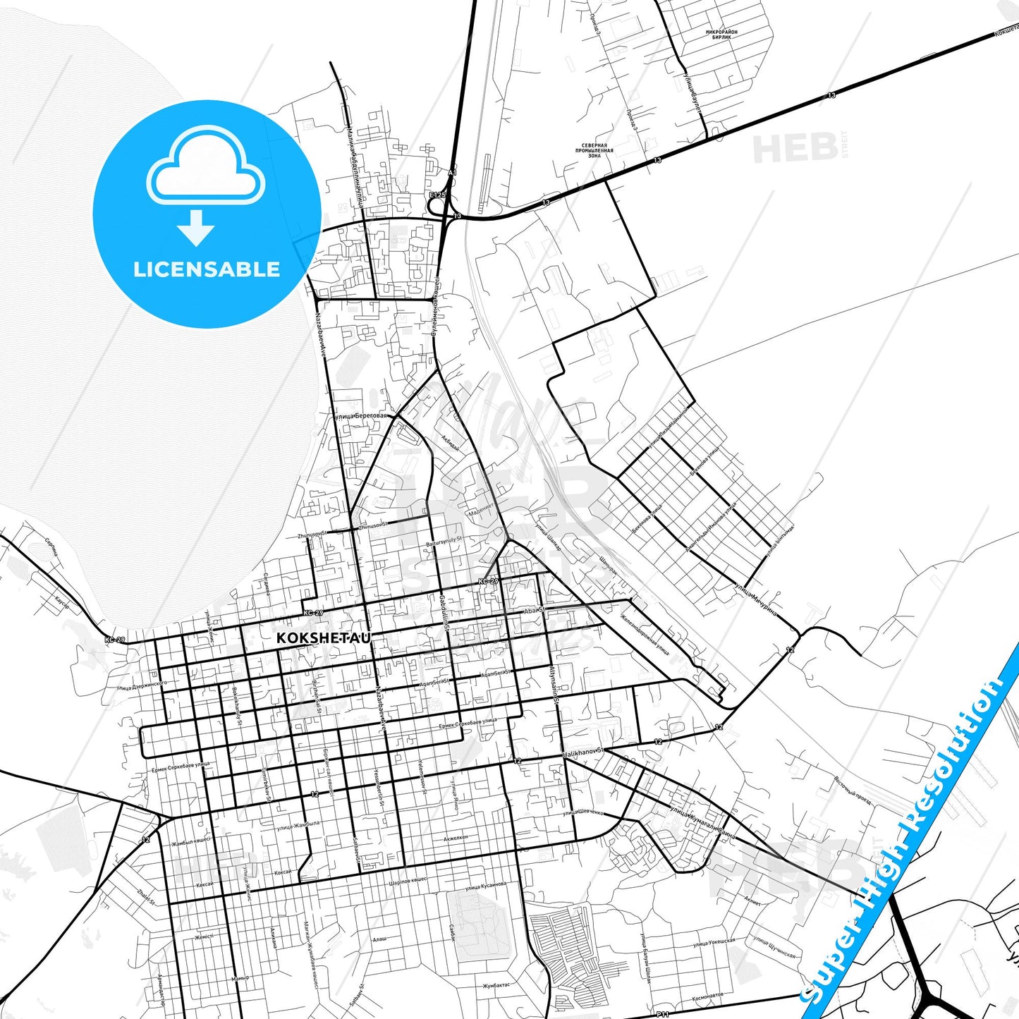 Kokshetau, Kazakhstan Light Map with Street Names, City Names, and Districts