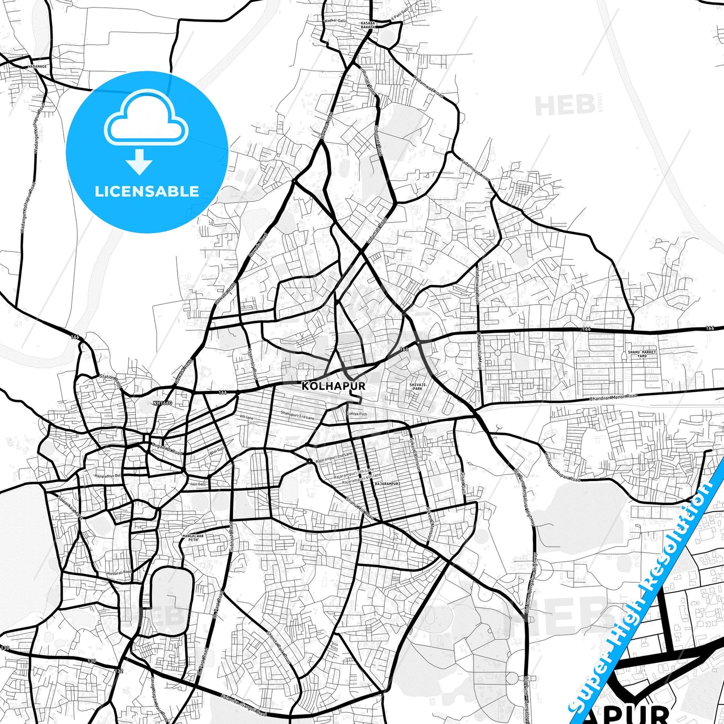 Kolhapur, India Light Map with Street Names, City Names, and Districts