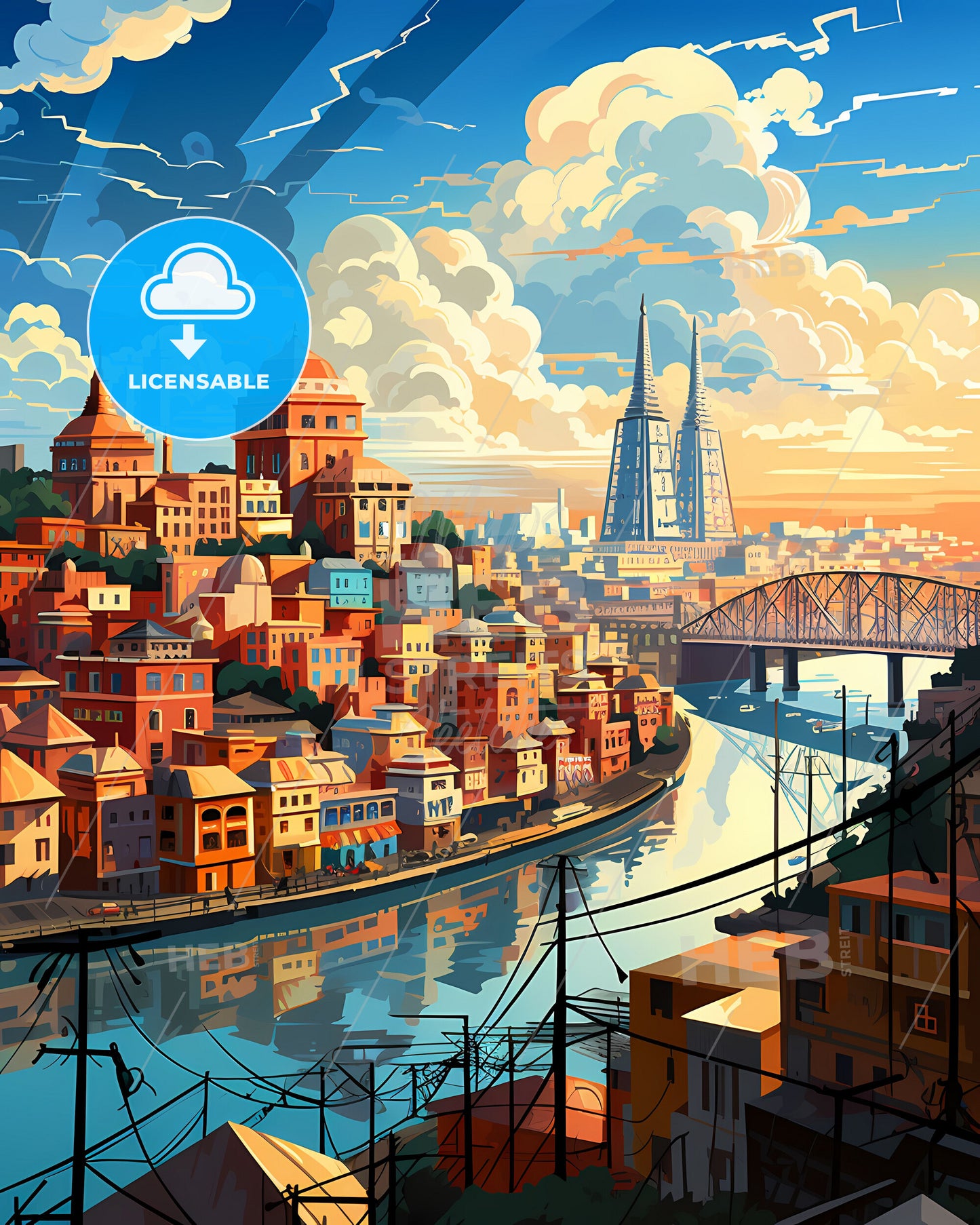 Vibrant India Skyline Painting Kolkata River Cityscape