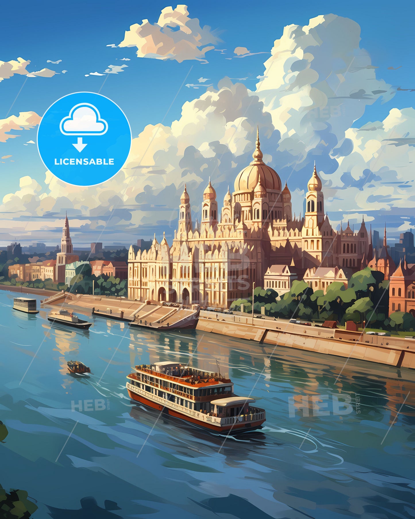 Kolkata India Skyline with Boats and Castle - Vibrant Artistic Painting