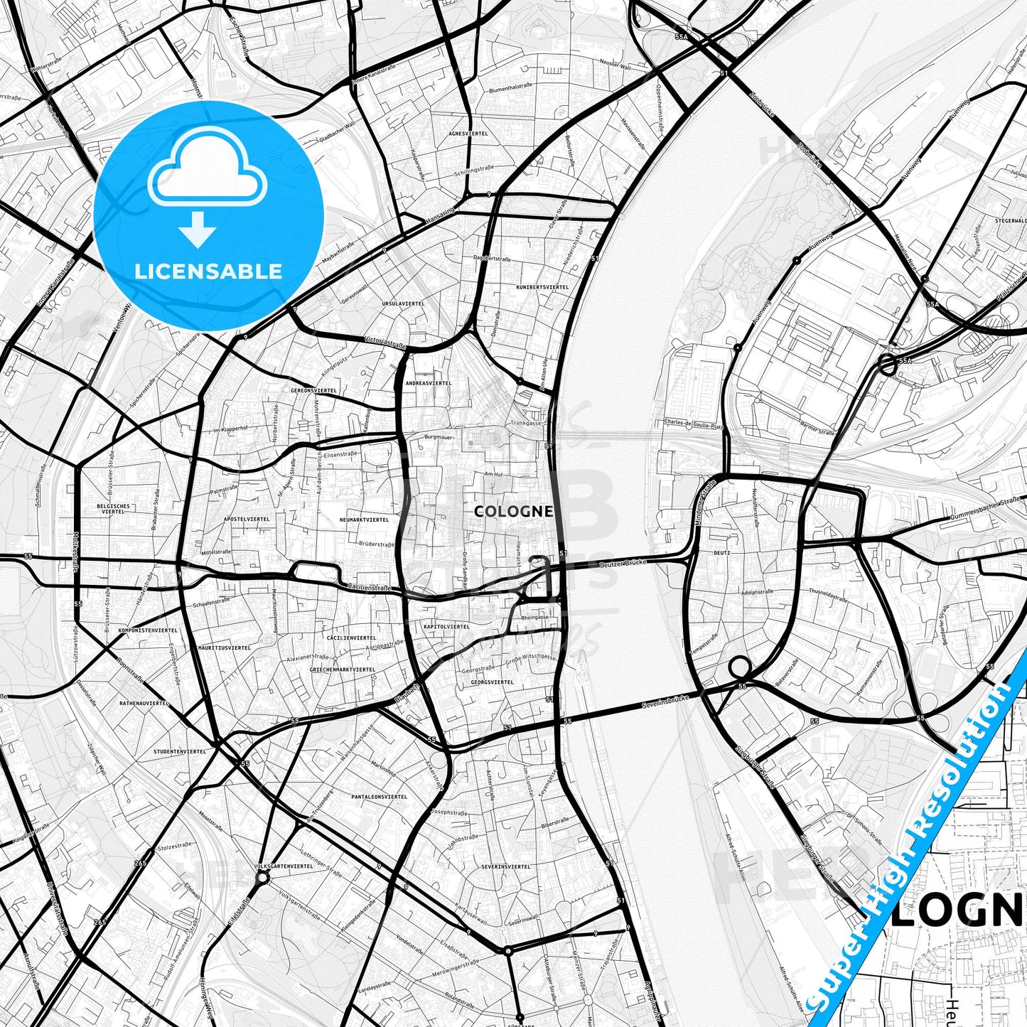 Cologne, Germany Light Map with Street Names, City Names, and Districts