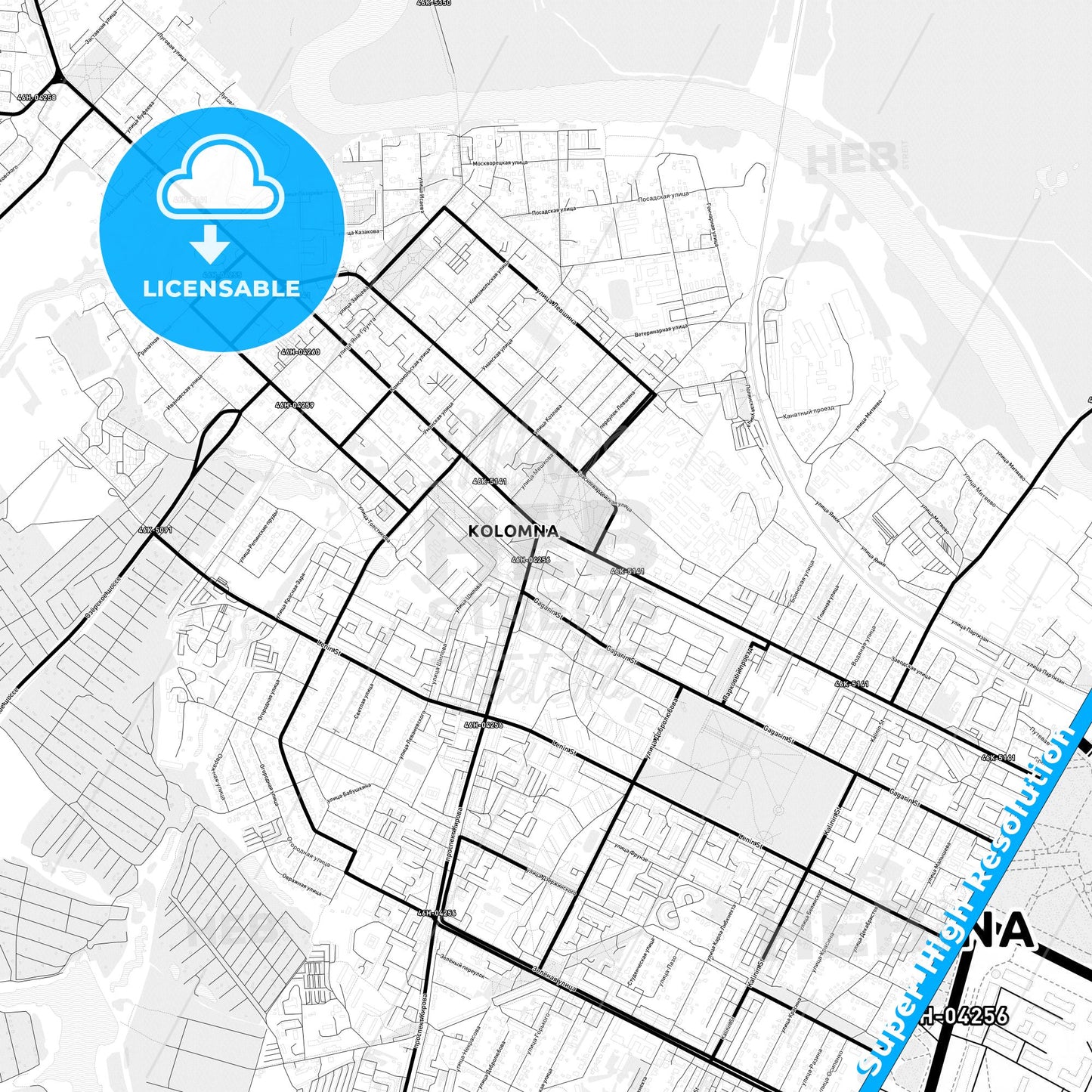 Kolomna, Russia Light Map with Street Names, City Names, and Districts