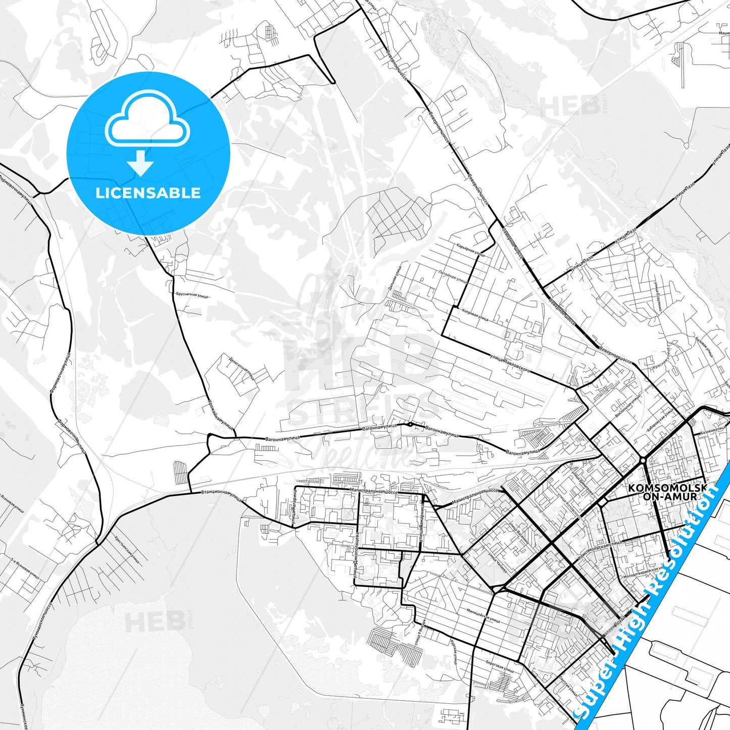 Komsomolsk-on-Amur, Russia Light Map with Street Names, City Names, and Districts