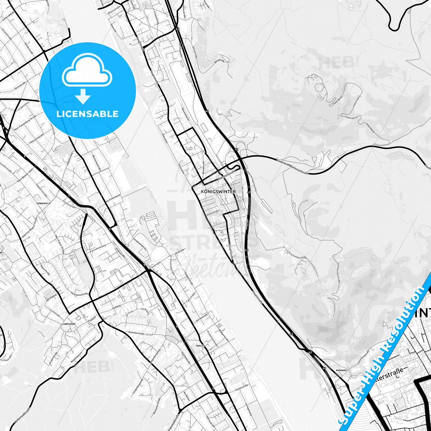 Konigswinter, Germany Light Map with Street Names, City Names, and Districts